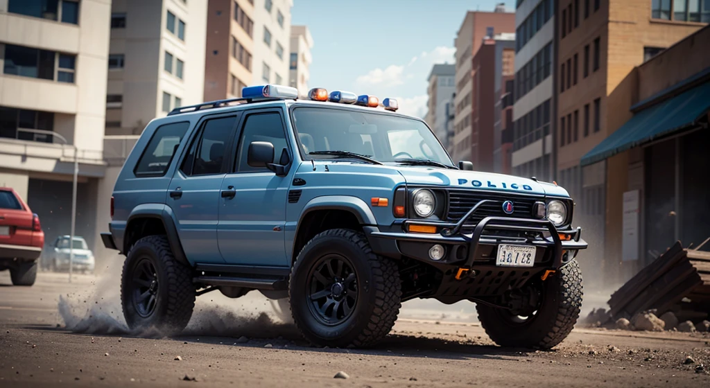 dark grayish-blue police 4x4 SUV in motion, symmetrical new car, photorealistic, slow motion, motion blur, front right view, 1970s, , ultra realistic, cinematic style, worm colors, 8K, HD