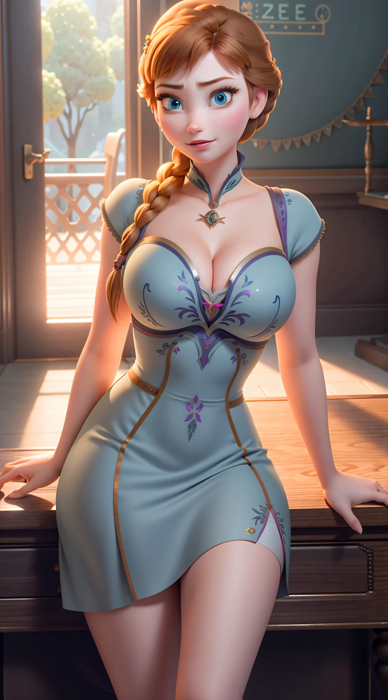 Photo of Anna of Arendelle as a teacher, teacher, teacher clothes, mini dress,  Anna from Disney Frozen movie, tall and sexy, superb face, perfect body, provocative, Nice, show breasts, huge breasts, tall, sexy legs, bursting huge breasts, wide hips, busty, sexy, enormous breasts, happy.