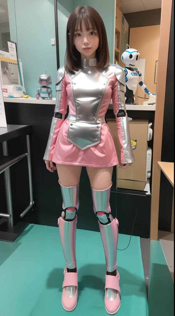 Robot Girl, pink there, Silver, Metallic body, Robot Parts, Metal Parts, Super Detailed Face, Super well-formed face, of the highest quality, a small face, small head, Brown hair, Slender body, Camera gaze, Internal Mechanical Exposure, Idol, front facing, Well-proportioned body, sale, Exhibited, Event Hall, Moe Pose, pink metallic ta dress machine armor, Standing with legs open, Model body type, sad, Embarrassing,(Perfect Robot Girl),(Perfect machine body)