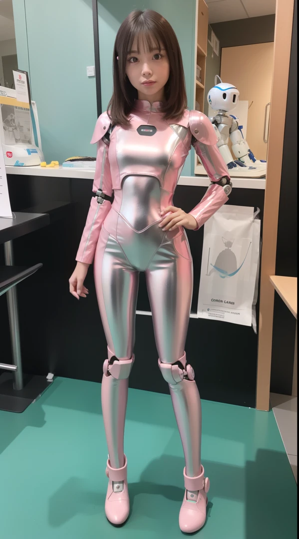 Robot Girl, pink there, Silver, Metallic body, Robot Parts, Metal Parts, Super Detailed Face, Super well-formed face, of the highest quality, a small face, small head, Brown hair, Slender body, Camera gaze, Internal Mechanical Exposure, Idol, front facing, Well-proportioned body, sale, exhibition, Event Hall, Moe Pose, pink metallic maid Dress Machine Armor, Standing with legs open, Hands on hips, Model body type, sad, Embarrassing,(Perfect Robot Girl),(Perfect machine body)