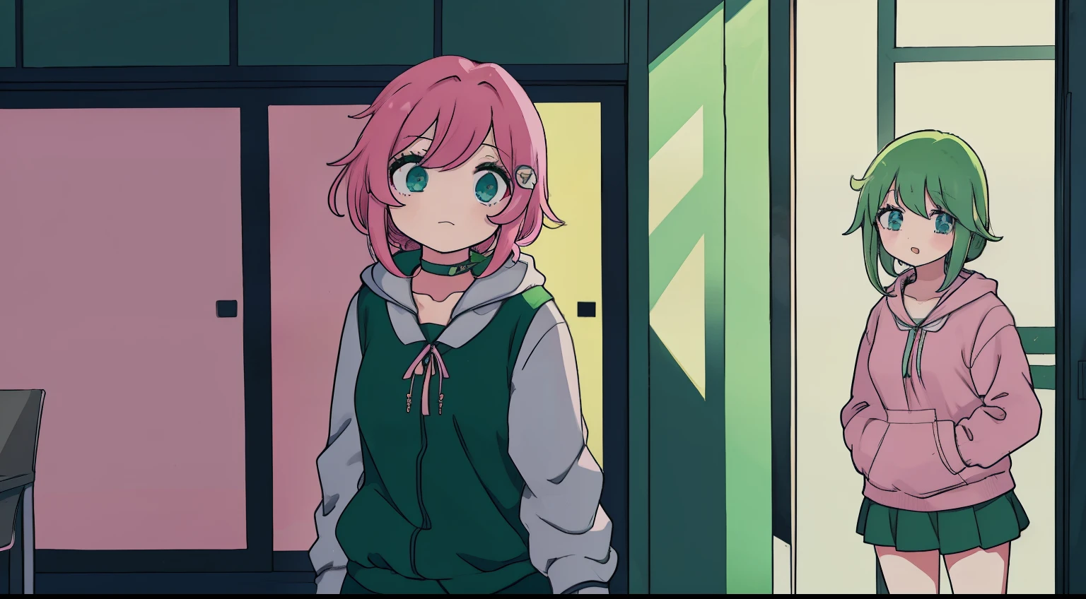 2 chicas de anime, 1 chica de anime con cabello largo y verde, Uniforme escolar verde, Hablando con una chica de anime 2 con cabello rosa corto sudadera con capucha rosa gargantilla ojos azules pinza, en el interior de pie