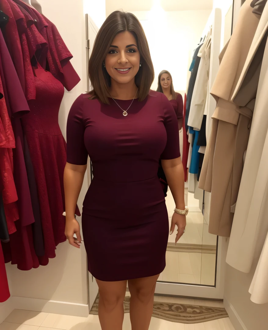 araffe woman in a red dress standing in a closet, ela tem cerca de 40 anos, ela tem cerca de 4 0 anos, ela tem cerca de 50 anos, tiro de corpo inteiro, foto lisonjeira, usando vestido vermelho, 3 0 anos mulher, usando um vestido vermelho, full-length view, vestido em um belo, tiro de comprimento de corpo inteiro