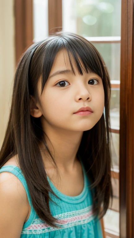 (high quality photorealistic) A ite and cute litrl 12yo in lgeri, South Asians, in room,