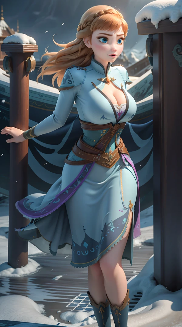 Photo of Anna of Arendelle as a sky instructor, full body sky outfit, action: skying, Anna from Disney Frozen movie, tall and sexy, superb face, perfect body, provocative, Nice, show breasts, huge breasts, tall, sexy legs, bursting huge breasts, wide hips, busty, sexy, enormous breasts, happy.