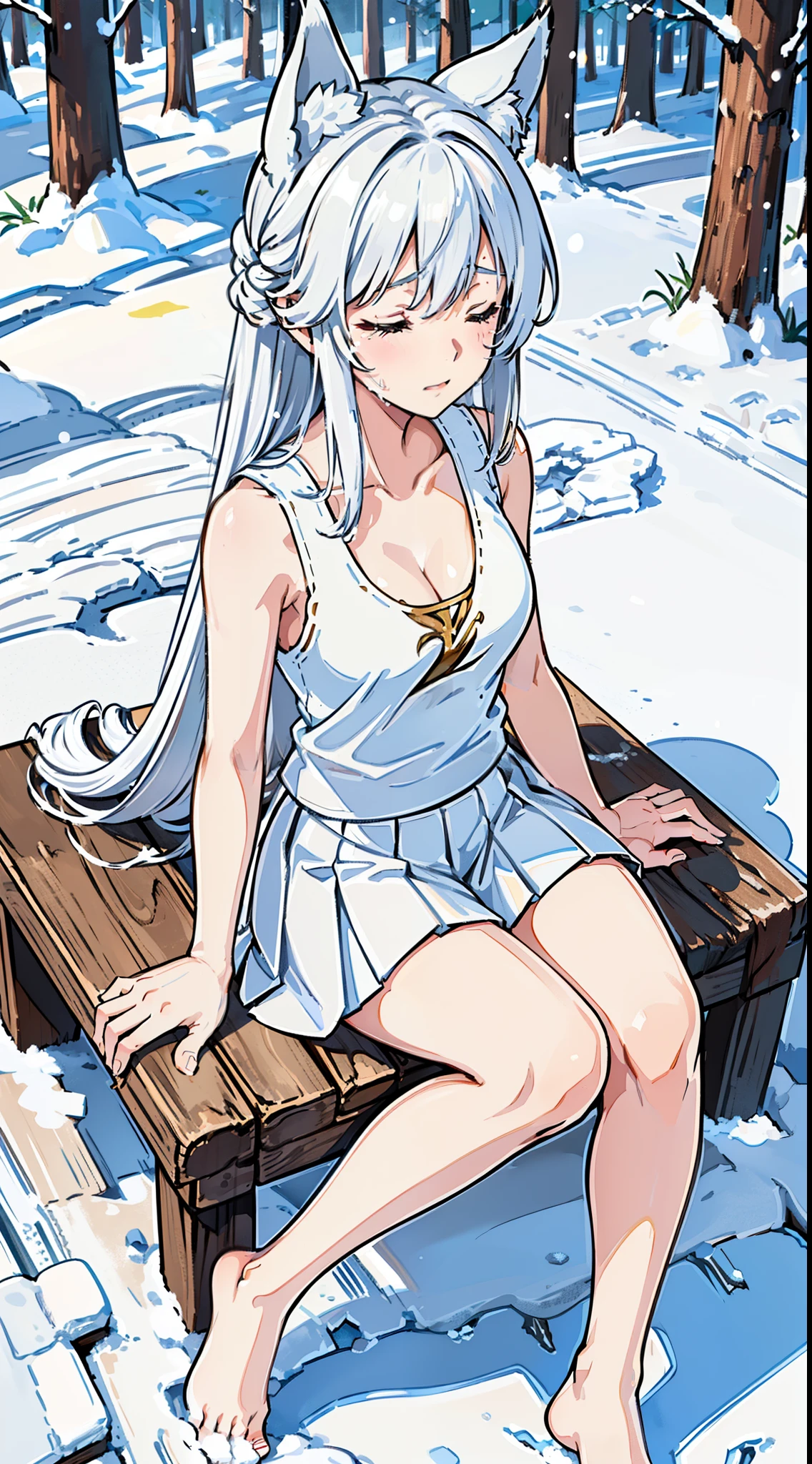 1girl,solo,medium breasts,((white sleeveless and shoulderless t-shirt,cleavage, white pleated skirt)),silver hair,long hair,closed eyes,fox ears,((sitting in snow,snowing,in a forest)),from above,(bare feet),((pain)),crying
