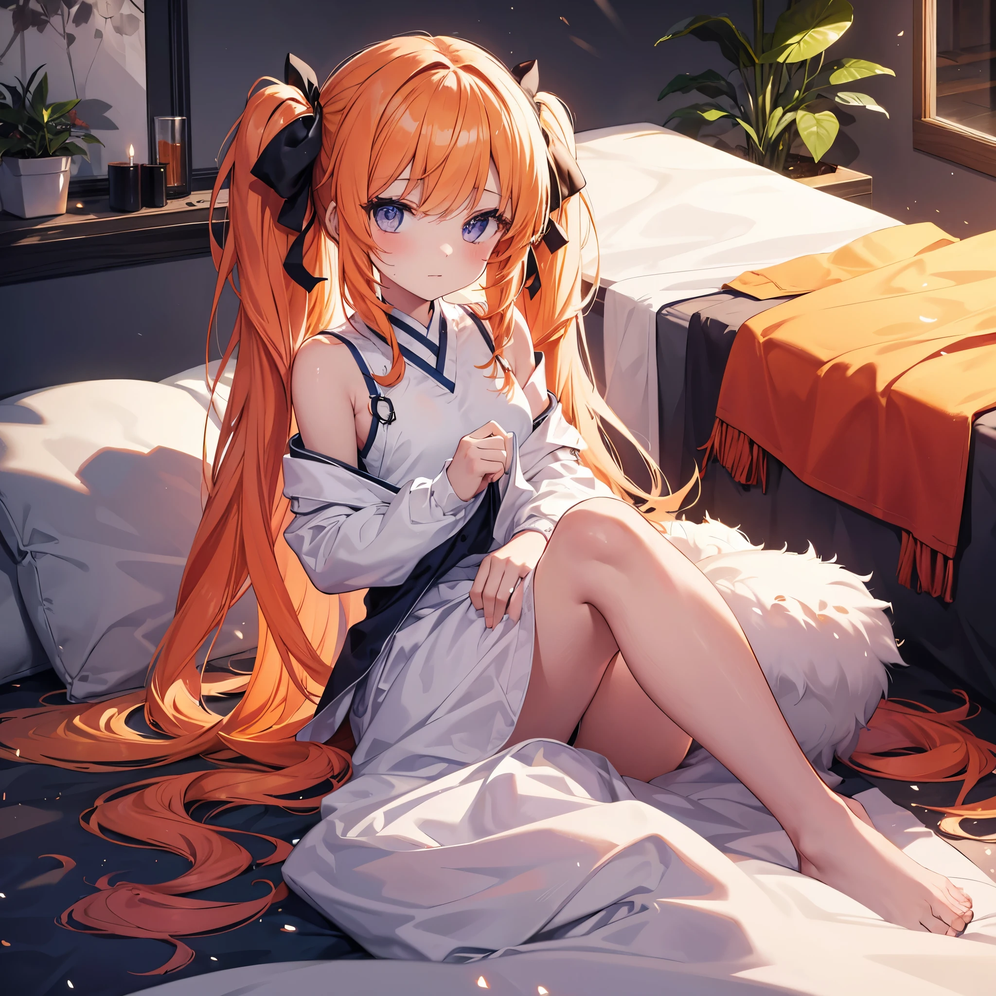 masterpiece, best quality), ((1girl, solo, long hair)), orange twin tail hair, not wearing any clothes, lie down on the bed