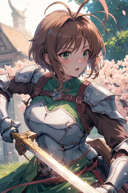 master piece, Best Quality, A high resolution, top-quality, Anime style, The best lighting, Beautiful face, kinomoto sakura, 1woman, tall, 30 years old, large breasts, light brown hair, Short hair, Antenna Hair, Green eyes, frills,  knight in shining armor, dynamic angle, action pose, holding a sword,