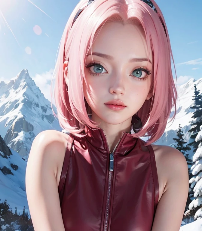 mujer joven, piel de porcelana, pelo largo rosa chicle, grandes labios rosados, Grandes ojos verde esmeralda, cejas rosadas, Ropa roja, Sakura Haruno, ..3D, realismo, 8k