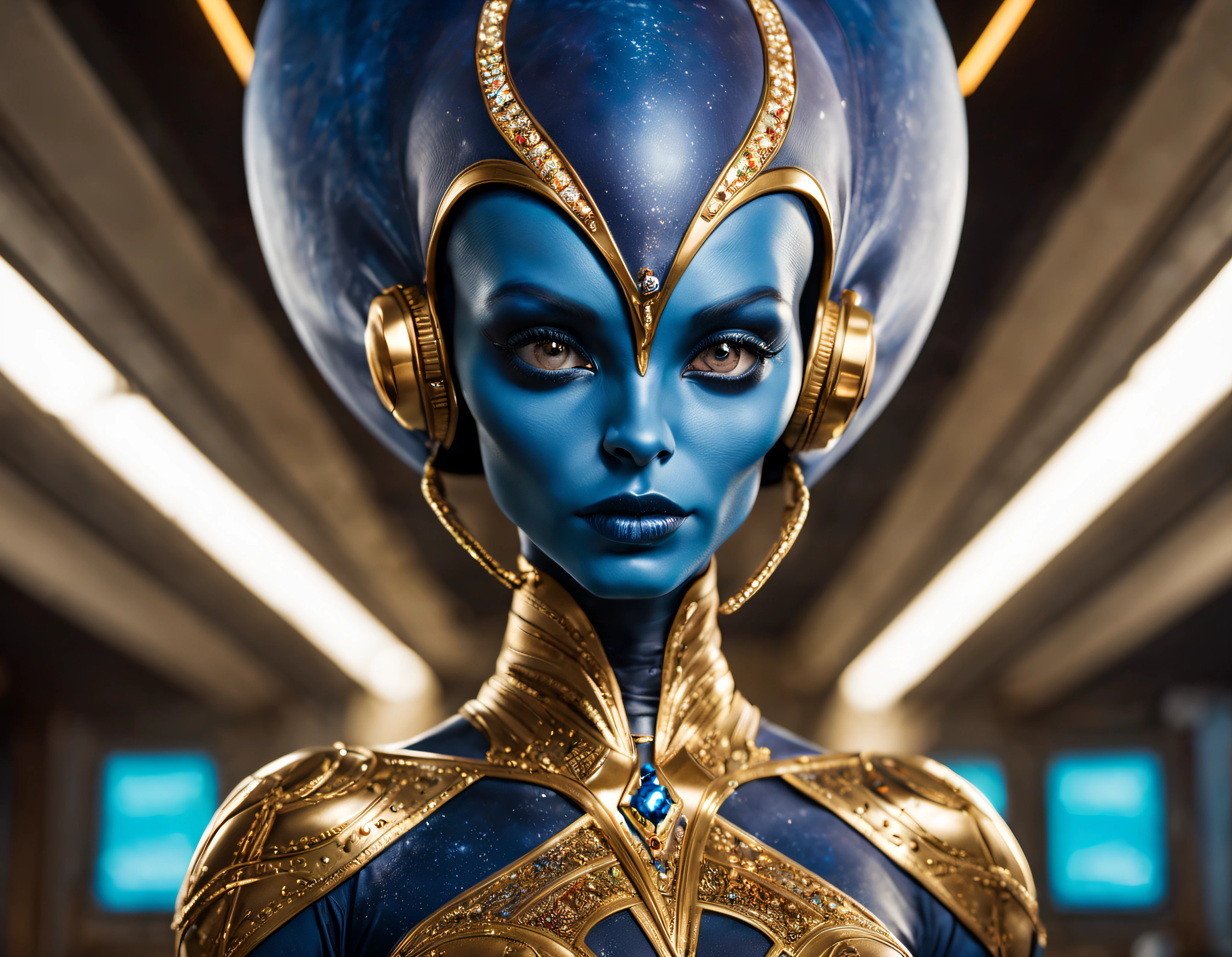 (cuerpo completo), extraterrestrial alien female similar to the mix of mystique y naytiri, vestida de traje de noche corto, engarzado con oro refulgente, priedras preciosas de colores y diamantes, (se encuentra en centro de control de estacion espacial),detalles intrincados de la maquina de alta calidad), estilo cinematografico, nitidez absoluta, imagen 8k.(obra maestra).fondos de pantalla, ultra detallado.