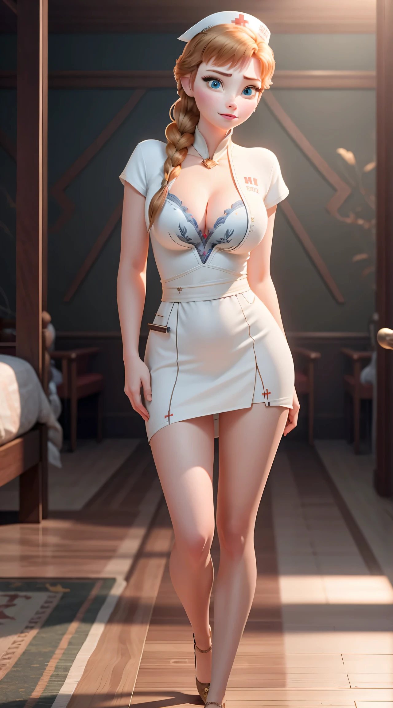 Photo of Anna of Arendelle, Anna from Disney Frozen movie, tall and sexy, superb face, perfect body, provocative, Nice, show breasts, huge breasts, tall, sexy legs, bursting huge breasts, wide hips, busty, sexy, enormous breasts, happy.