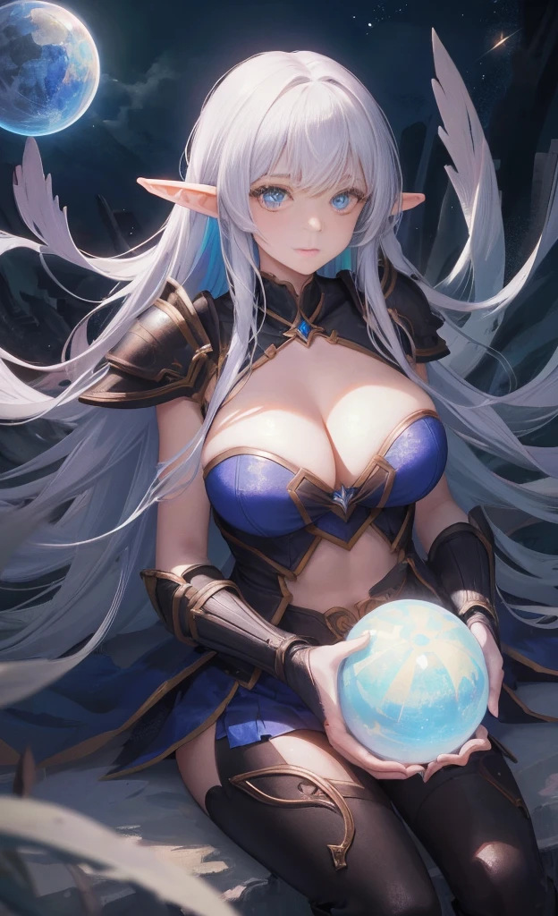the hair，Nice face，blue bikini armor，Heterochromatic pupil，fully body photo，half moon，under moonlight，(tmasterpiece:1.1),(Best quality:1.1),(HighDynamicRange:1),ambient light,Super girl, mystical elf, looking into crystal ball, holding mysteries, showing a microcosm space, stars, unique, huge breasts, cleavage, candlelight, dark background, atmosphere of mystery, smoke, subtle multicolored lighting,