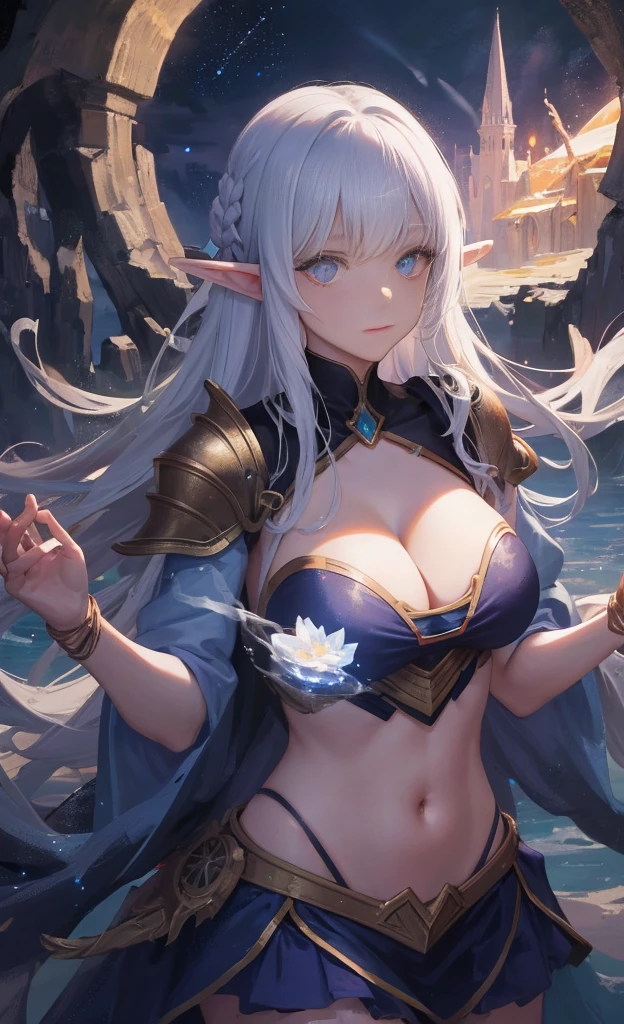 the hair,Nice face,blue bikini armor,Heterochromatic pupil,fully body photo,half moon,under moonlight,(tmasterpiece:1.1),(Best quality:1.1),(HighDynamicRange:1),ambient light,Super girl, mystical elf, looking into crystal ball, holding mysteries, showing a microcosm space, stars, unique, huge breasts, cleavage, candlelight, dark background, atmosphere of mystery, smoke, subtle multicolored lighting,
