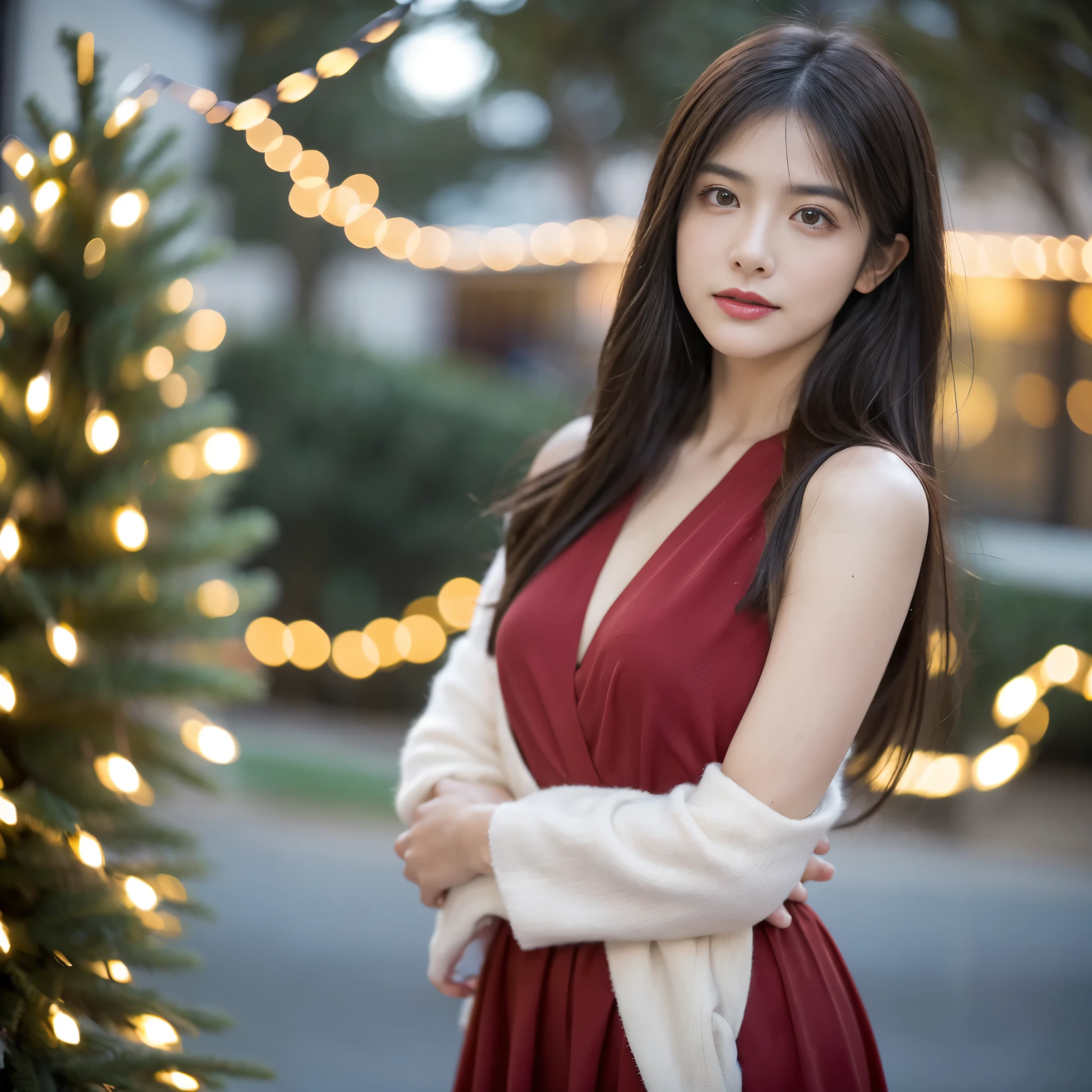 Obra maestra, La mejor calidad, ultrahigh resolution, Foto de alto detalle, Unidad 8K Fondo de pantalla, CG extremadamente detallado:1.2),(Foto RAW,:1.realistic photography:1.4), 1girll , joven, physically based representation, beautiful, (Cara finamente detallada:1.4), (Detallado:1.4) Cara hermosa, Profundidad de campo, Agregar capa, hiperrealista, 27 years old, Modelo de cuerpo perfecto, senos perfectos, 175cm de altura, pose sexy, cuerpo completo, Tipo de cuerpo del modelo, christmas season outfit, Cabello largo, Eimi Fukada, doble parpado, ultra-realistic textures, raw photo, depth of field, cinematic lighting, blurry, glowing light, bokeh