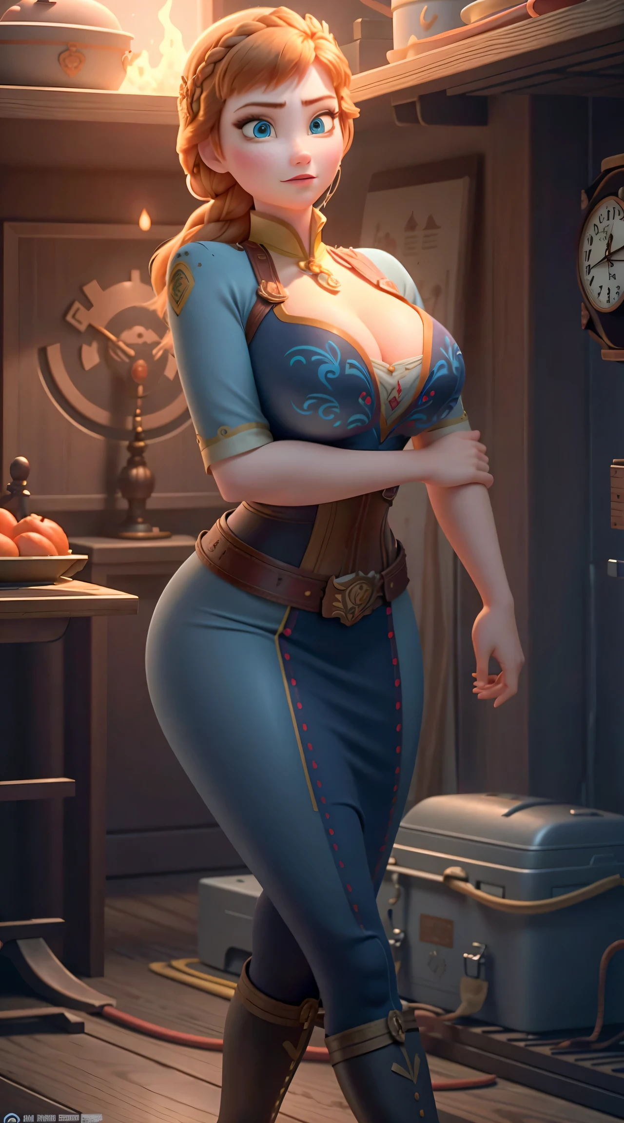 Photo of Anna of Arendelle as a firefighter, Anna from Disney Frozen movie, tall and sexy,firefighter, superb face, perfect body, provocative, Nice, show breasts, huge breasts, tall, sexy legs, bursting huge breasts, wide hips, busty, sexy, enormous breasts, happy.