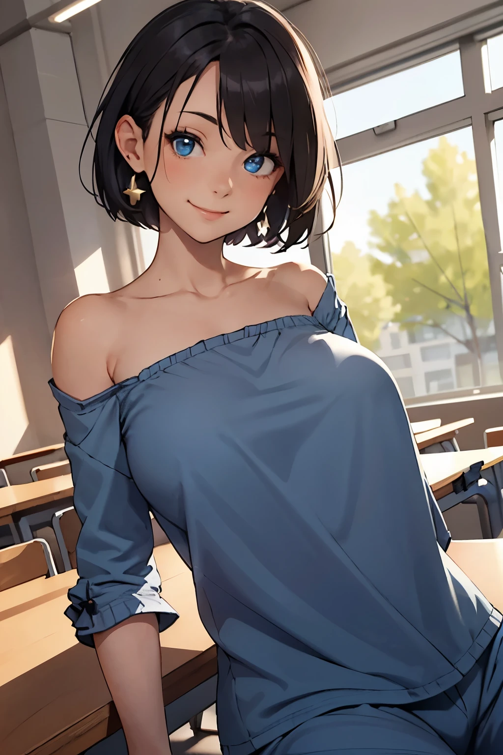(masterpiece:1.2, best quality), (1lady, solo, upper body:1.2), clothing: loose-fitting, comfortable pajamas Accessories, detailed the hand, Hair: Short dark blue shoulder-length hair Makeup: natural, glowing skin, behaviocing the table, sitting at the table, smiling location: study, study desk, blue eyes, huge breasts,