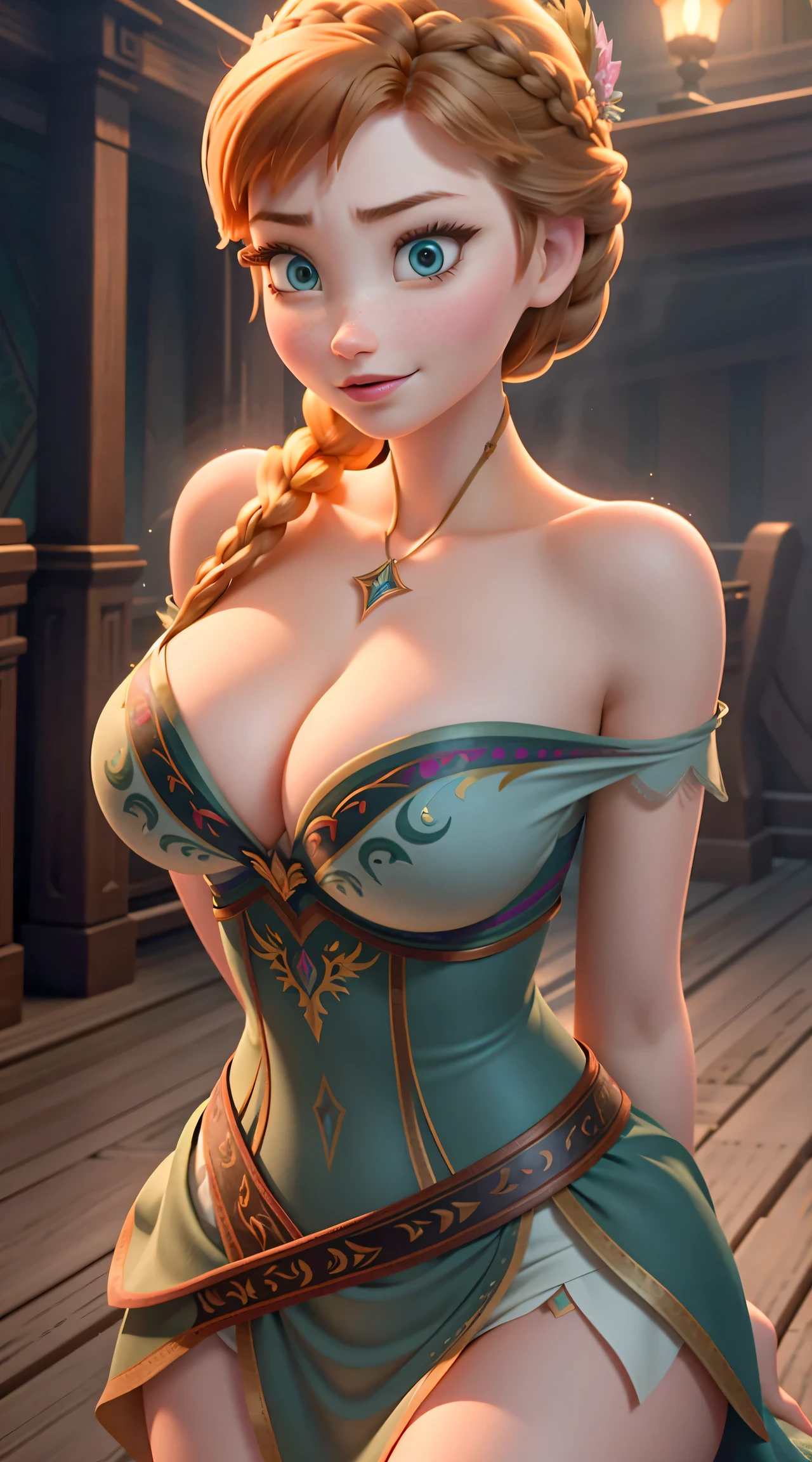 Photo of Anna of Arendelle, Anna from Disney Frozen movie, tall and sexy, superb face, perfect body, provocative, Nice, show breasts, huge breasts, tall, sexy legs, bursting huge breasts, wide hips, busty, sexy, enormous breasts, happy.