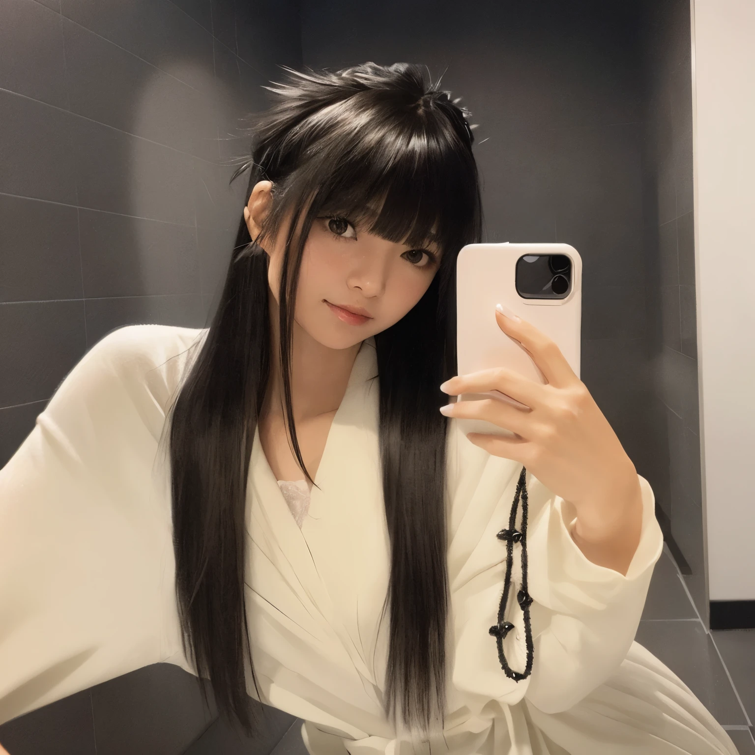 woman taking a selfie in a bathroom with a phone, long hair with full bangs, long hair with bangs, she has black hair with bangs, long black hair with bangs, with long hair, with full bangs, white hime cut hairstyle, with bangs, lalisa manobal, black hime cut hair, long white hair and bangs, the hime cut