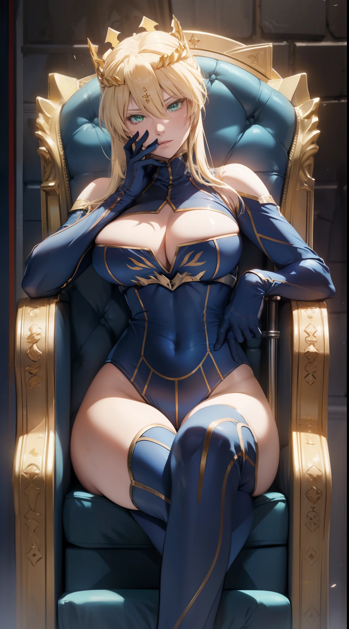 Lancer Artoria, elegant adult  female, blonde, green eyes, (yellow eyelashes), crown, turtleneck, cleavage cutout, sleeveless, blue leotard, elbow gloves, gauntlets, blue thigh, elegantly (sit on throne), throne room, close-up protrait, high resolution, extremely detail 8k cg.