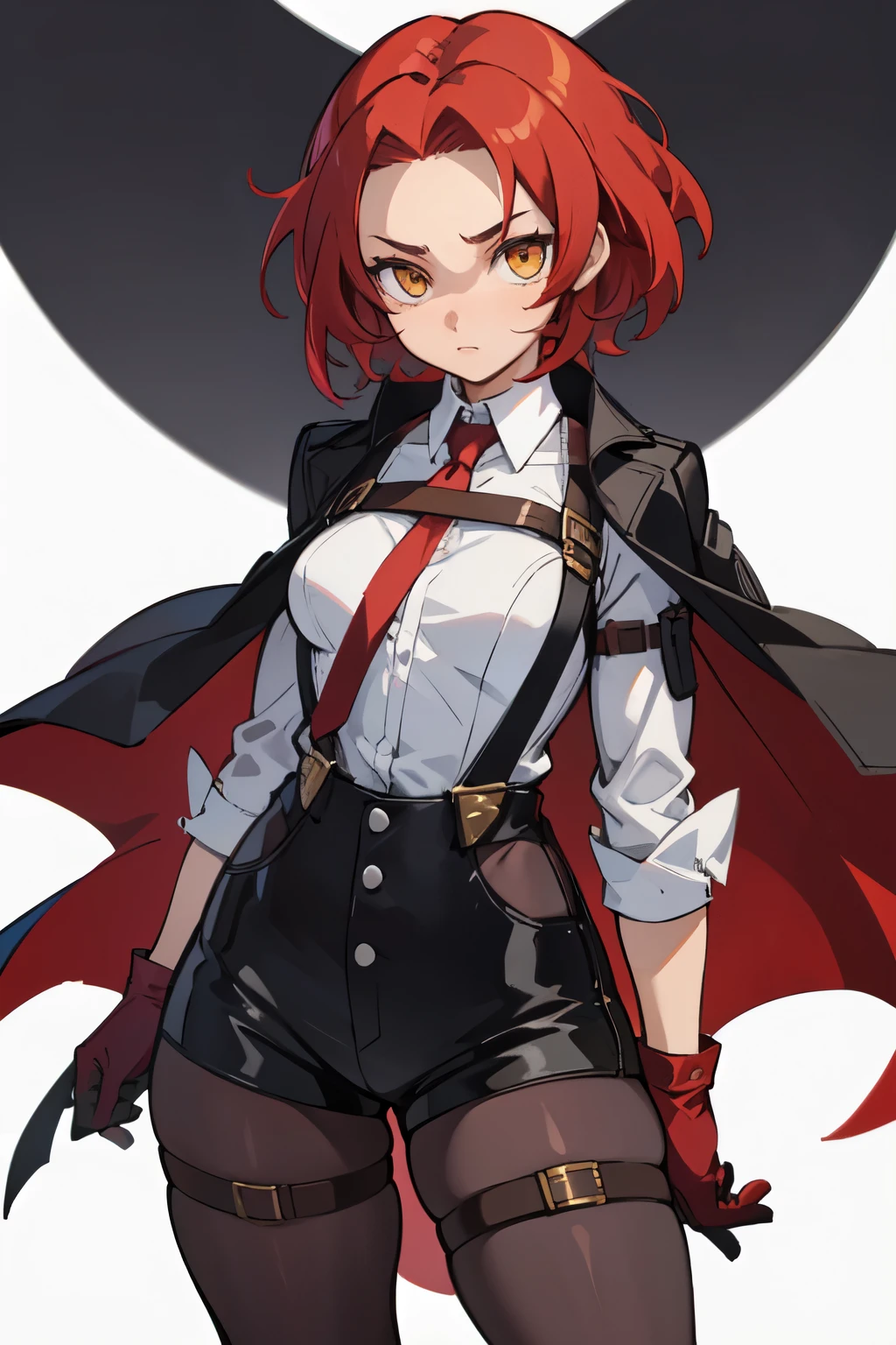 1girl, young woman, solo, short hair, Small hair, (forehead:1.2), yellow eyes, sharp ocular posture, (scarlet red hair), light brown skin tone, Athletic, medium muscular, medium breasts, (overcoat, black coat, open coat:1.2), white shirt, collared shirt, (chest harness, shoulder strap:1.15), black leather shorts, 7/8 pantyhose, garter belt, gloves, elegant, looking at viewer, standing, chromatic aberration, (close-up to face:1.3), face only masterpiece, best quality, 4k