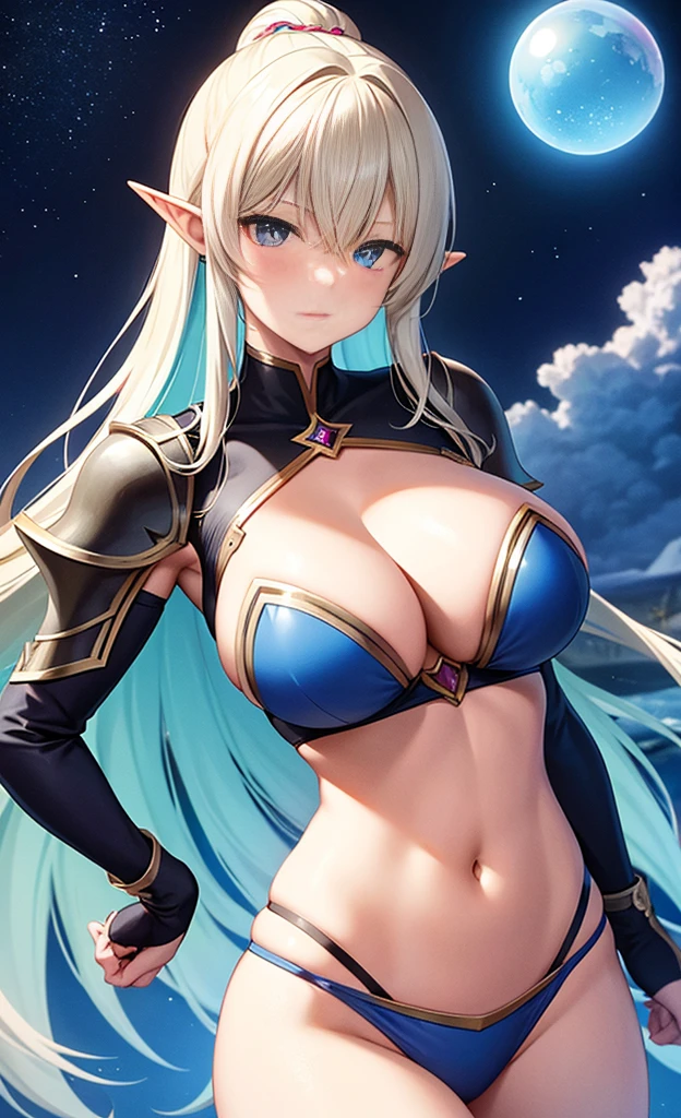 the hair,Nice face,blue bikini armor,Heterochromatic pupil,fully body photo,half moon,under moonlight,(tmasterpiece:1.1),(Best quality:1.1),(HighDynamicRange:1),ambient light,Super girl, mystical elf, looking into crystal ball, holding mysteries, showing a microcosm space, stars, unique, huge breasts, cleavage, candlelight, dark background, atmosphere of mystery, smoke, subtle multicolored lighting,
