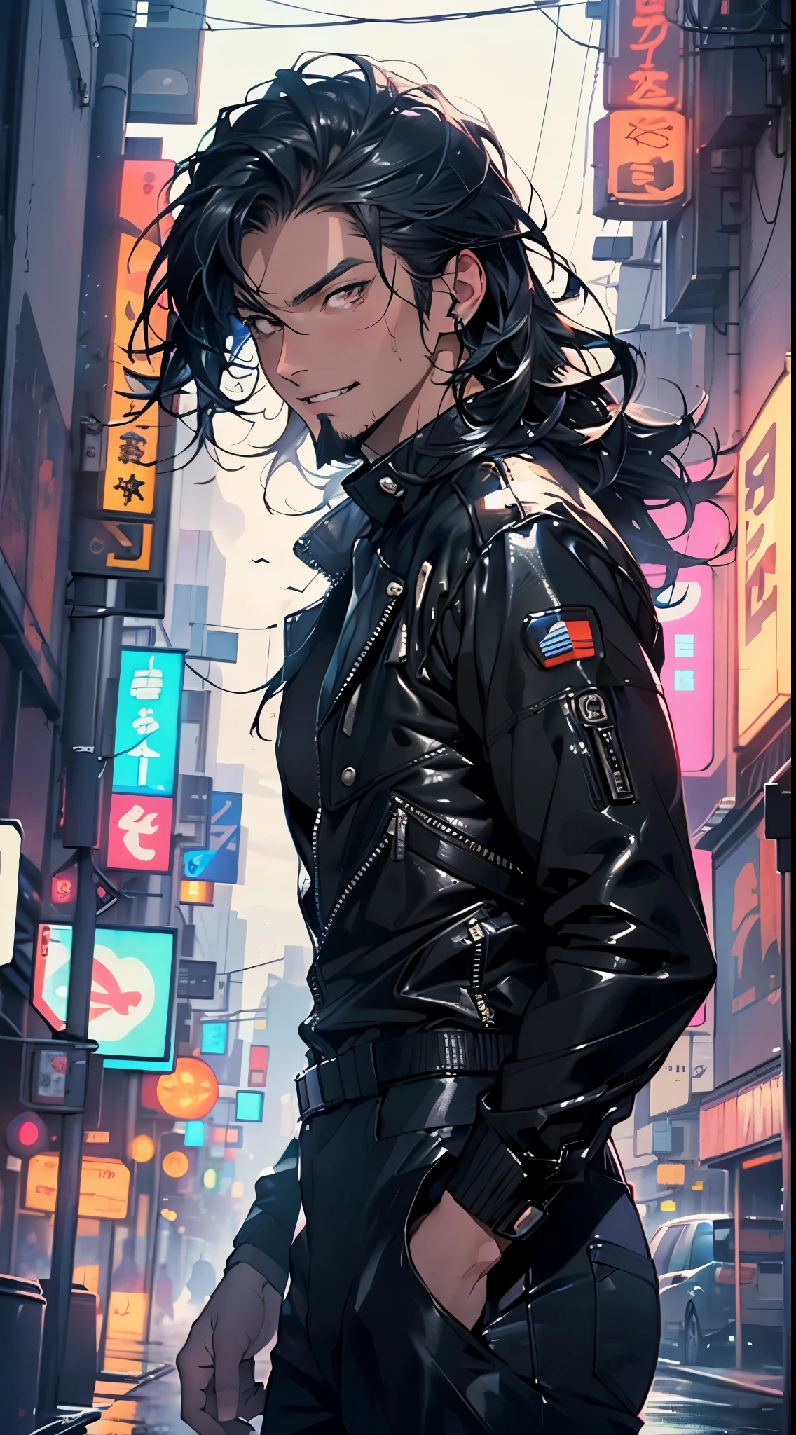 man:1.5,1 man,tracker man,(1man),((man:1.5 with long hair)),
(((1male,handsome man,male,male gender:1.5,male focus))),macho man,
((long black hair,detailed hair,highly detailed hair,black hair,very short beard:1.2)),(((lustrous skin:1.5,tanned skin,bright skin: 1.5,skin tanned,shiny skin,very shiny skin,shiny body,illuminated skin))),(((brown_eyes:1.2))),intricate eyes,beautiful detailed eyes,symmetrical eyes,man chest,handsome face,((muscular)),(((detailed face))),
alluring look,nsfw,
(((bare chest))),green pants,((bulge in pants)),((tracker outfit)),(wearing a tracker outfit:1.3,tracker clothes),((wet clothes,intricate outfit,intricate clothes)),
(dynamic pose:1.0),solo focus,((evil smile,evil look)),(centered,scale to fit dimensions,Rule of thirds),
cyberpunk city by the ocean at night, with bright neon signs and dark stormy clouds and puddles, scenery:1.25,nighttime, starry night, cosmos,Very dark night that makes the neon lights stand out, very bright neon lights,nighttime, starry night, cosmos,
artistic photography,(photography taken by sldr),highres, sharp focus, (ultra detailed, extremely detailed), (photorealistic artwork:1.37),(extremely detailed CG unity 8k wallpaper),((synthwave background theme)),(((vibrant colors))),(intricate background),(masterpiece),(best quality)