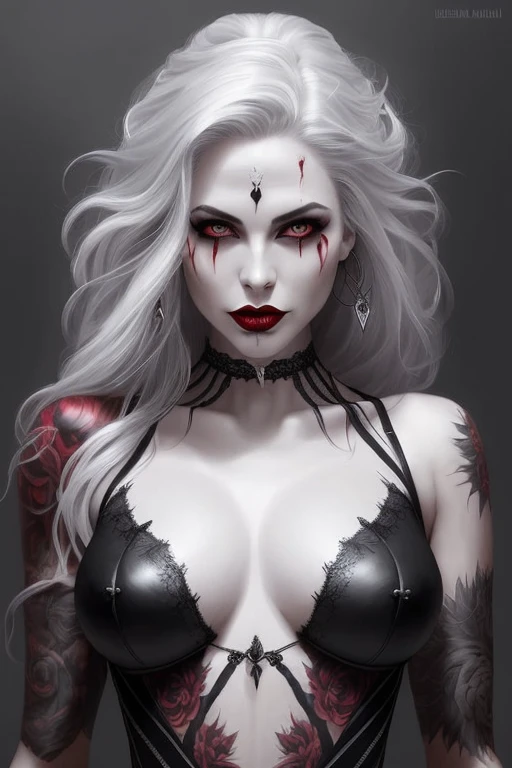 a woman with white hair and tattoos wearing a black bra top, dark fantasy style art, gothic fantasy art, dark fantasy art, beautiful vampire queen, beautiful vampire female queen, beautiful elegant demon queen, fantasy dark art, vampire girl, in style of dark fantasy art, dark fantasy horror art, female vampire, seductive cyberpunk dark fantasy, dark fantasy mixed with realism