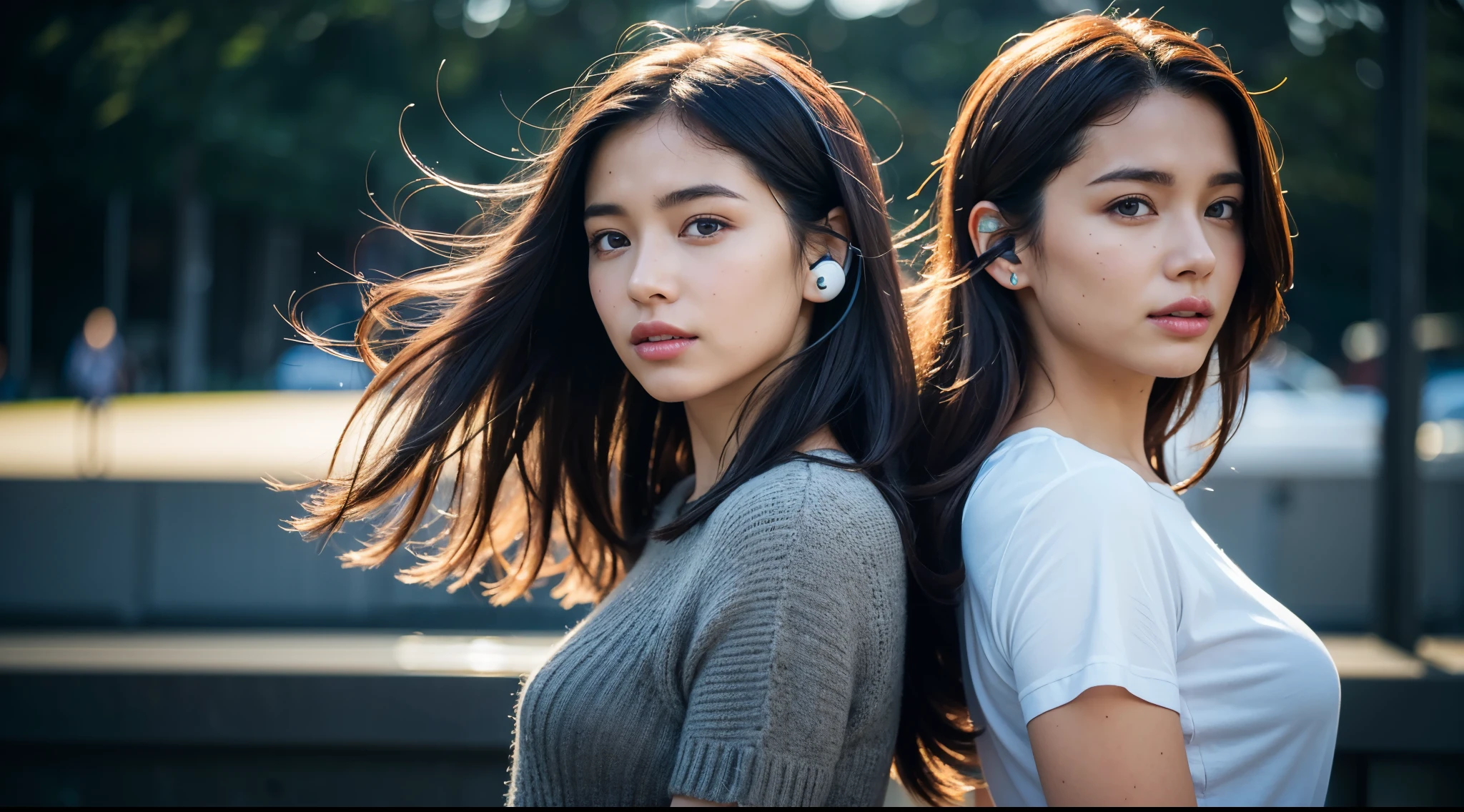 dressed, (photo realistic:1.4), (hyper realistic:1.4), (realistic:1.3), (smoother lighting:1.05), (increase cinematic lighting quality:0.9), 32K, one 20yo girl, realistic lighting, backlighting, light on face, ray trace, (brightening light:1.2), (Increase quality:1.4), (best quality real texture skin:1.4), finely detailed eyes, finely detailed face, finely quality eyes, (tired and sleepy and satisfied:0.0), face closeup, t-shirts with headphones, (Increase body line mood:1.1), (Increase skin texture beauty:1.1)