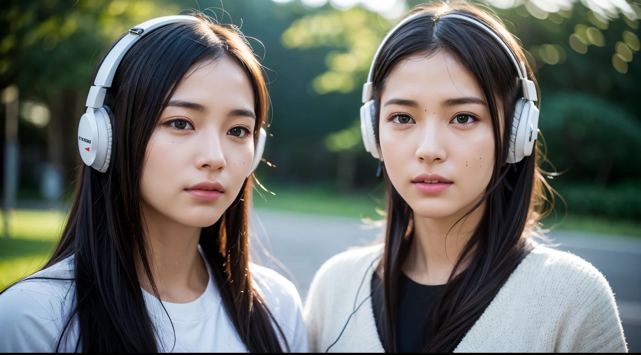 dressed, (photo realistic:1.4), (hyper realistic:1.4), (realistic:1.3), (smoother lighting:1.05), (increase cinematic lighting quality:0.9), 32K, one 20yo girl, realistic lighting, backlighting, light on face, ray trace, (brightening light:1.2), (Increase quality:1.4), (best quality real texture skin:1.4), finely detailed eyes, finely detailed face, finely quality eyes, (tired and sleepy and satisfied:0.0), face closeup, t-shirts with headphones, (Increase body line mood:1.1), (Increase skin texture beauty:1.1)