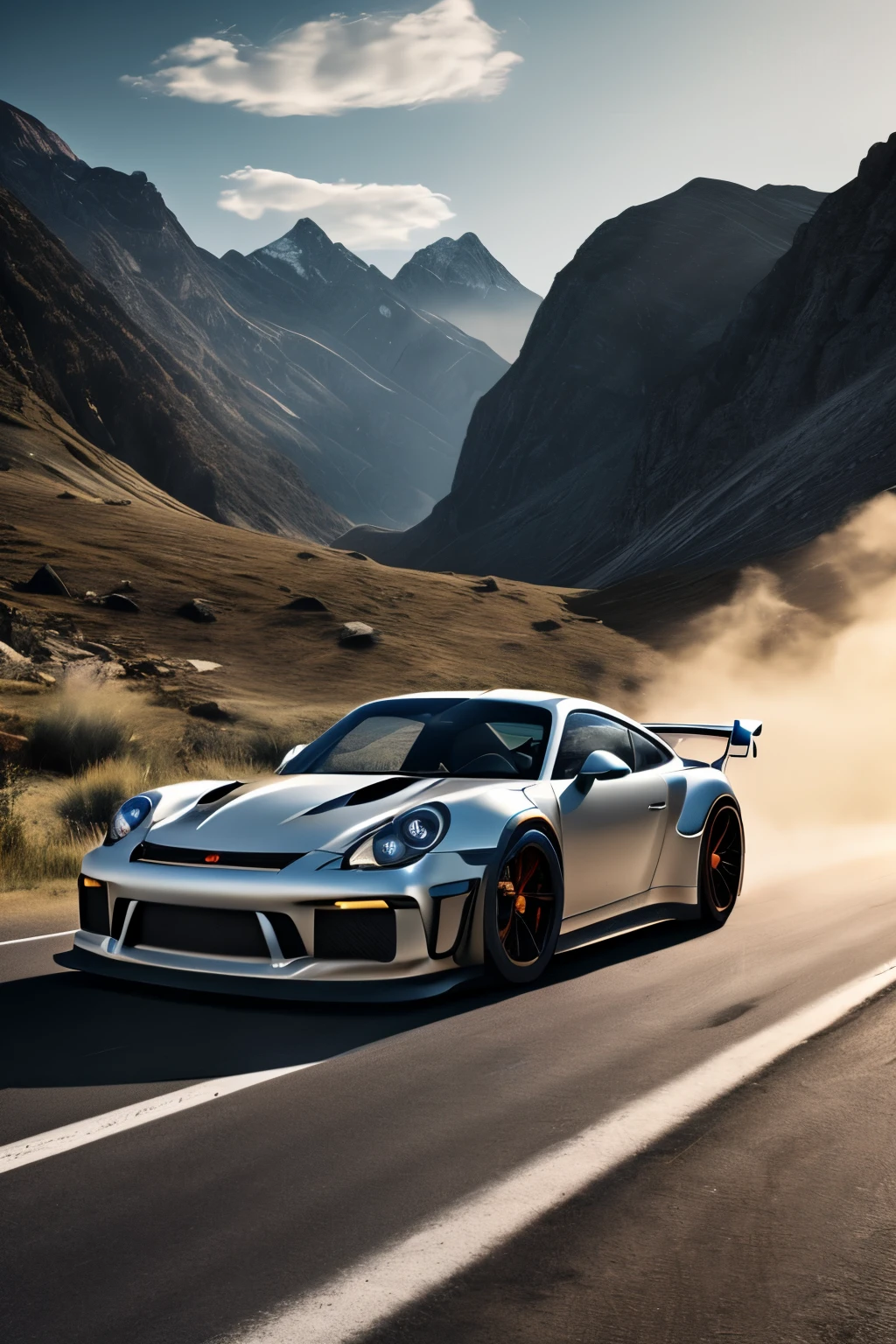 Masterpiece, ultra detailed, 8k, intrincated textures !(beautiful silver GT3 RS car running at full speed on an asphalt road between large mountains at dawn)