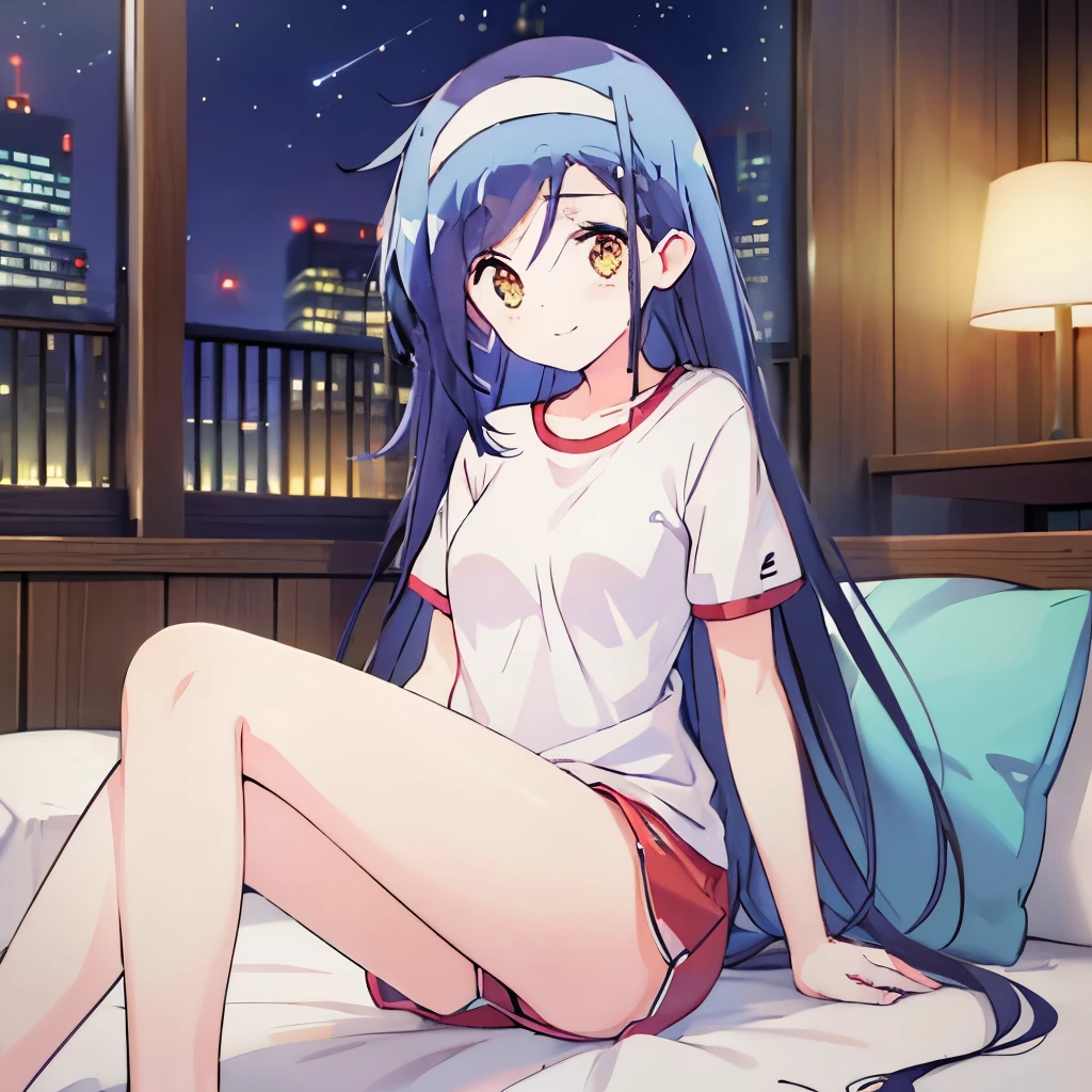 ((masterpiece)), ((best quality)), (ultra-detailed), anime style, on the bed, a cute girl, 1girl, solo, gym shorts00, ((beautiful eyes))0, smile