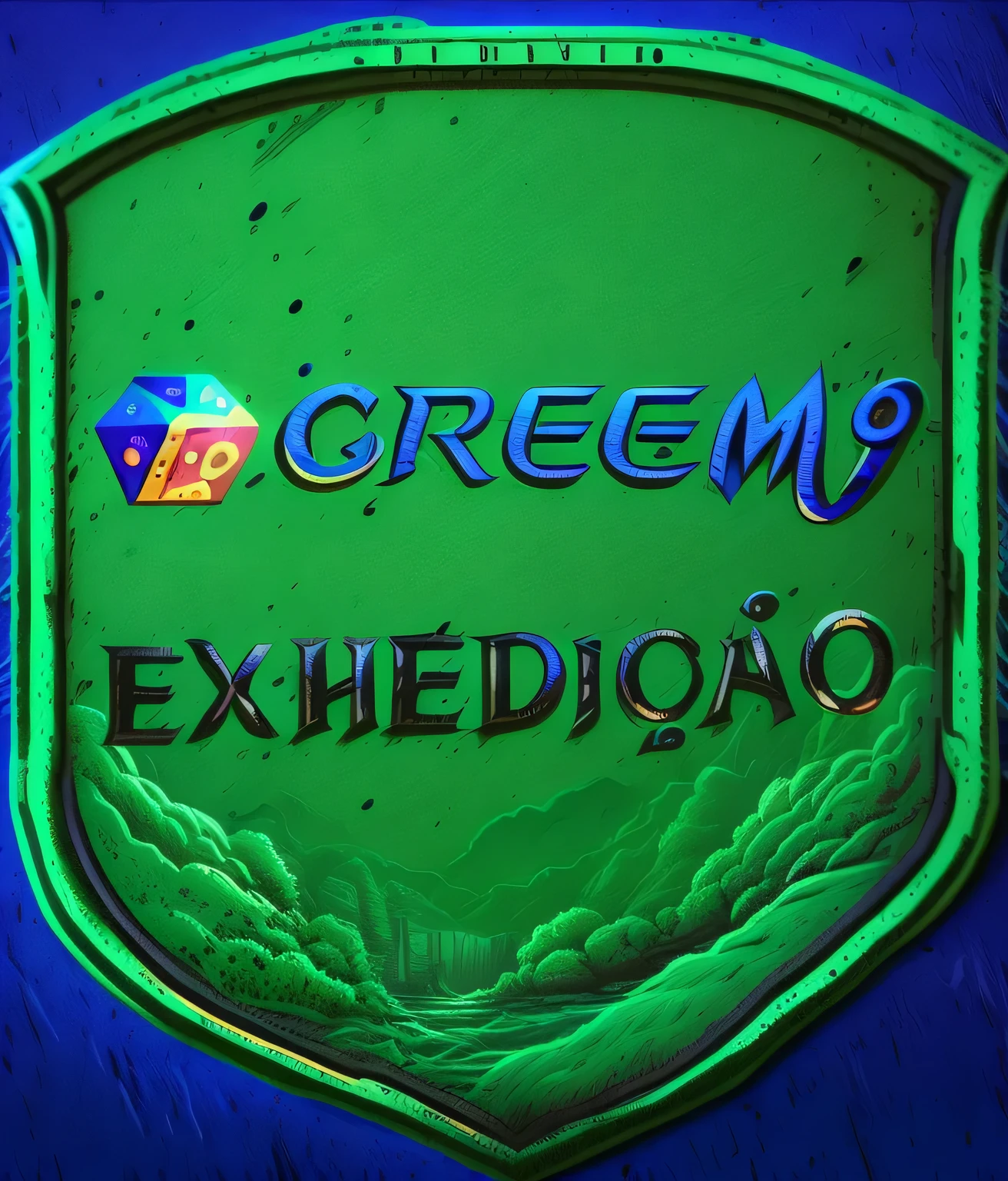 logo in the center written Expedicão 2nd shift, cor verde no meio, 3D Icon for mobile game, symmetrical artwork. Radiating cinematic and digital illustration