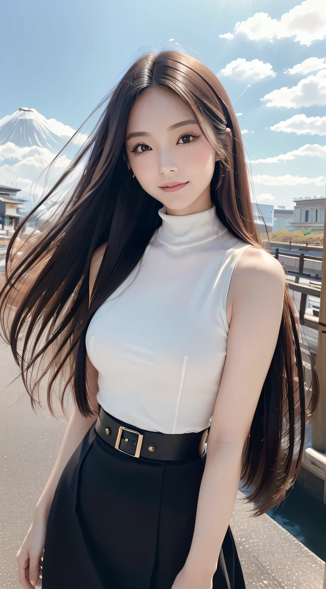 (Refreshing smile:1.5),(Look at viewers:1.1）,（hide one's hands:2.0）,(Beautiful Japan Woman）,（straight haired, Long hair, strong wind in the hair:1.5), （ High neck sleeveless , Black tight skirt:1.5), （high-heels;1.3), detailed  clothes, (Perfect female body), (Narrow waist:1.3), (Bust Up Portrait:1.3),   Dynamic Pose, Cinematic Light, 135 mm, Fuji Film,