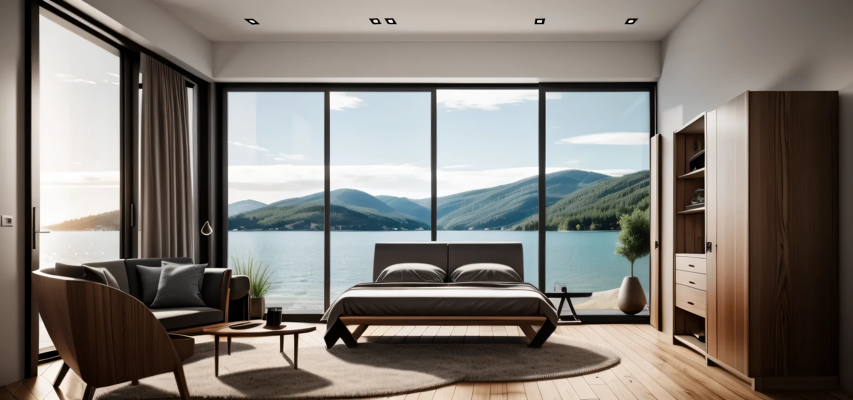 utral realistic, best quanlity, raw photo, interior, bedroom, ((Scandinavian style)), wooden floor, bed, sunlight, window, sea view window, render 8k,