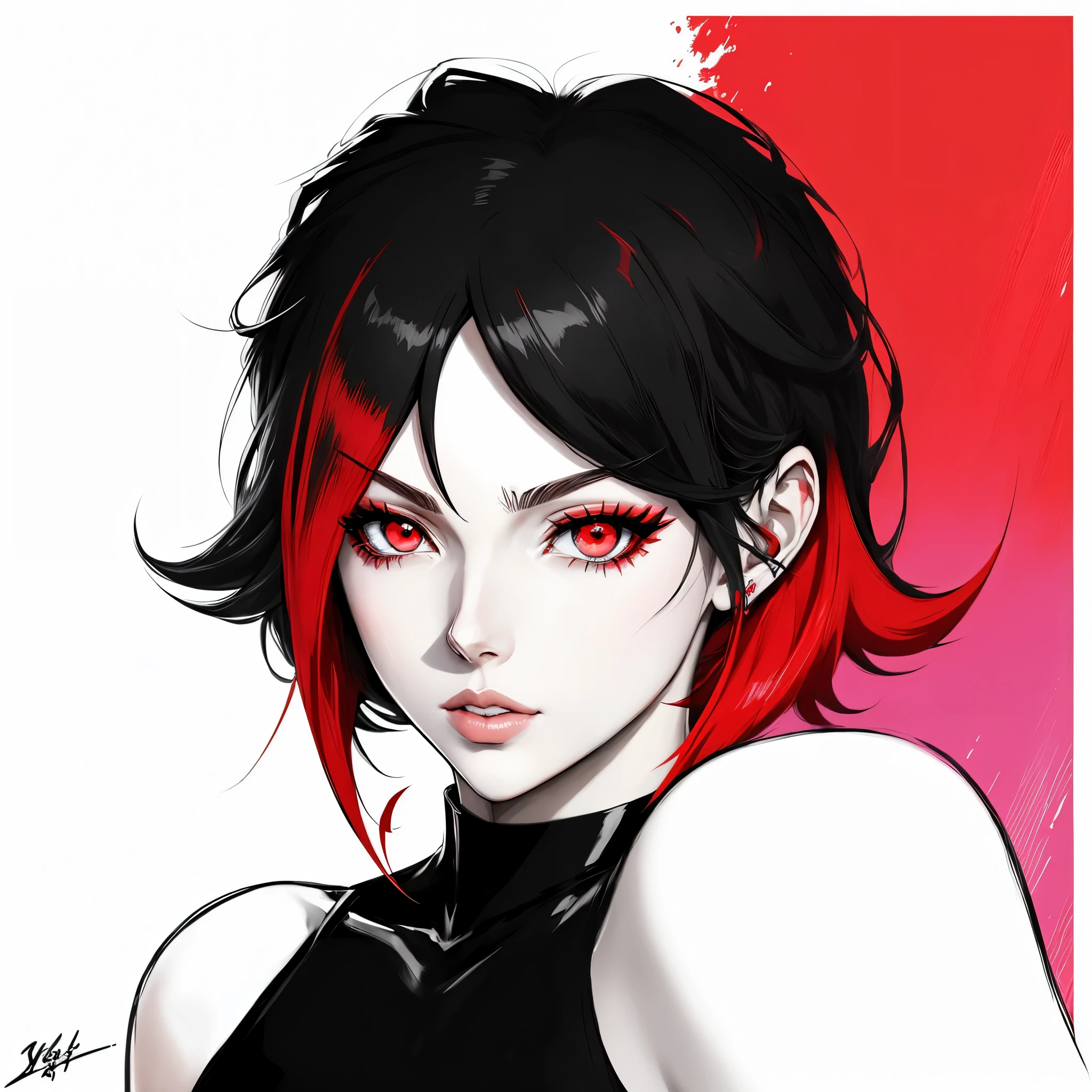 um desenho de uma mulher com olhos vermelhos e cabelos pretos, estilo de arte persona, ig studios estilo anime, Persona 5 Estilo de Arte, persona 5 inspirado, cel - estilo de arte sombreado, jett de valorant, Persona 5 Estilo de Arte wlop, retrato estilo anime, personagem estilo anime, monochrome and red color bleed, Matoi Ryuko, vermelho - olhos, olhos vermelhos