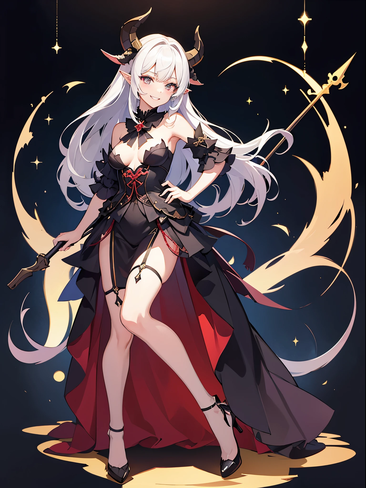 full body shot shot,portrait,solo person,a beauty girl,Hair over the shoulder,succubi,Happy,pointy ears,goat horn,high-heels,Put your hand to your mouth,Crossed waist with one hand,Whitish skin tone,Bow collar,比基尼,grin,Magic pupil,a garter belt,比基尼,Bat wings