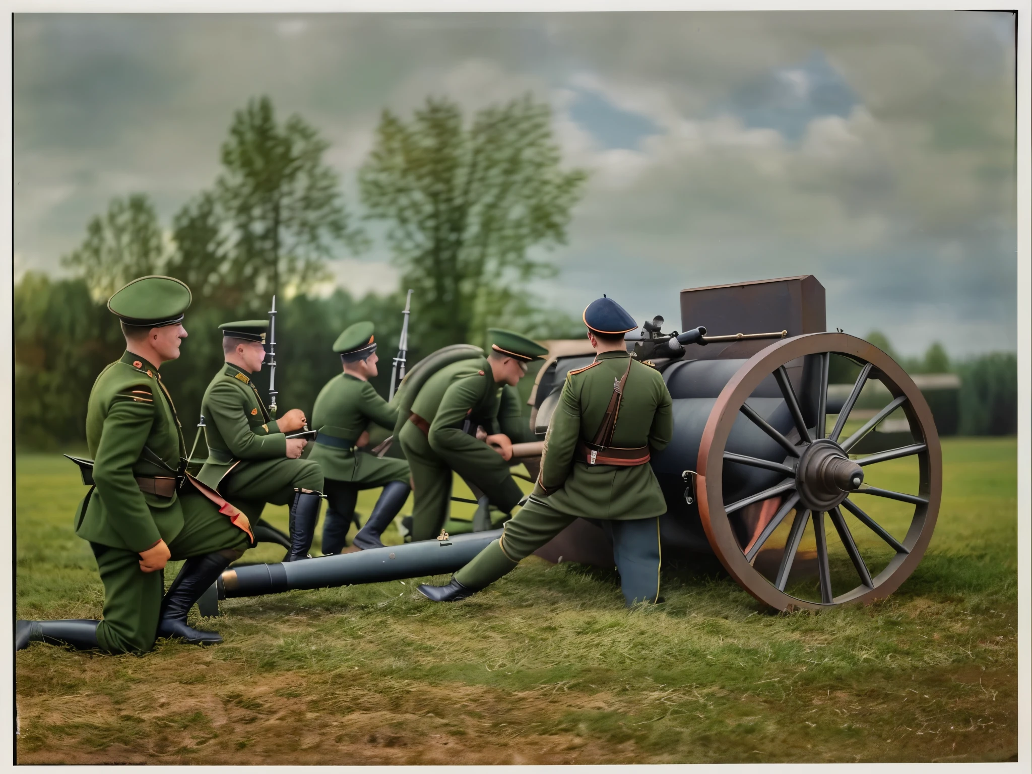 soldiers are standing around a cannon in a field, with anti aircraft guns, artillery, taken on a ww 1 camera, ww1 film photo, colorized photograph, under artillery fire, artist unknown, cannon mounted on back, 1 9 1 4, 1914, ww1 photo, russian ww 1, fight ww 1, a cannon mounted on his back