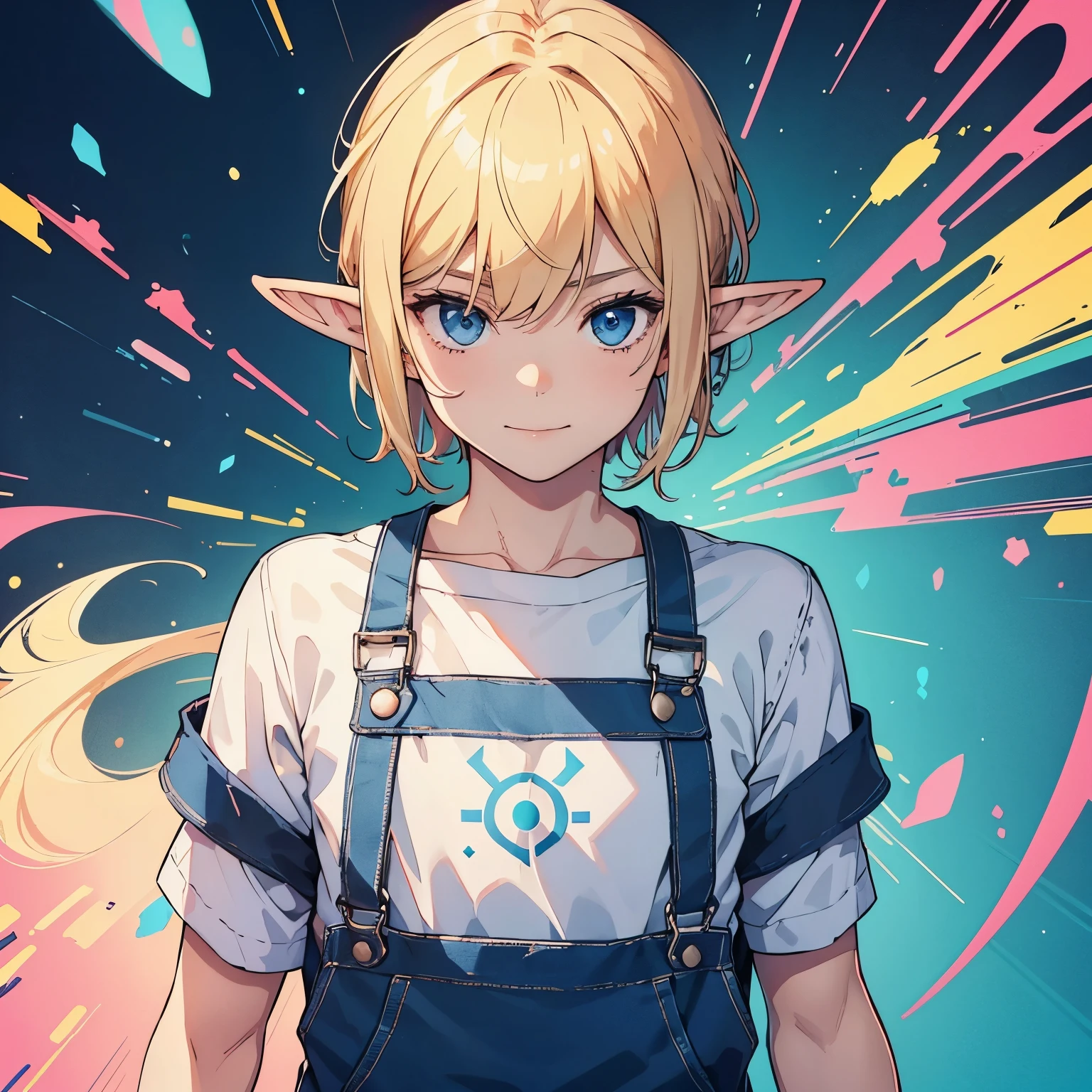 (masterpiece), best quality, expressive eyes, perfect face, ((1boy)), solo, expressive eyes, ((young boy, shota)), white shirt BREAK, blue overalls BREAK, smile, pointy ears, elf, blond hair, abstract background, pink background, blue Bubbles