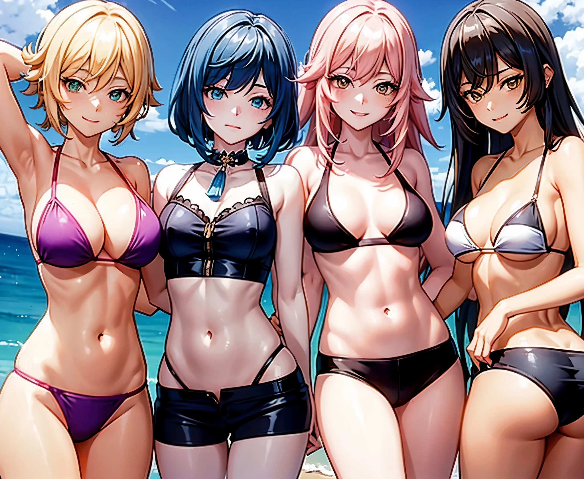 personagens genshin impact de bikini amber, barbara, yelan and, yae miko, biniki, sorriso traveso olhando para o telespectador, de bikini