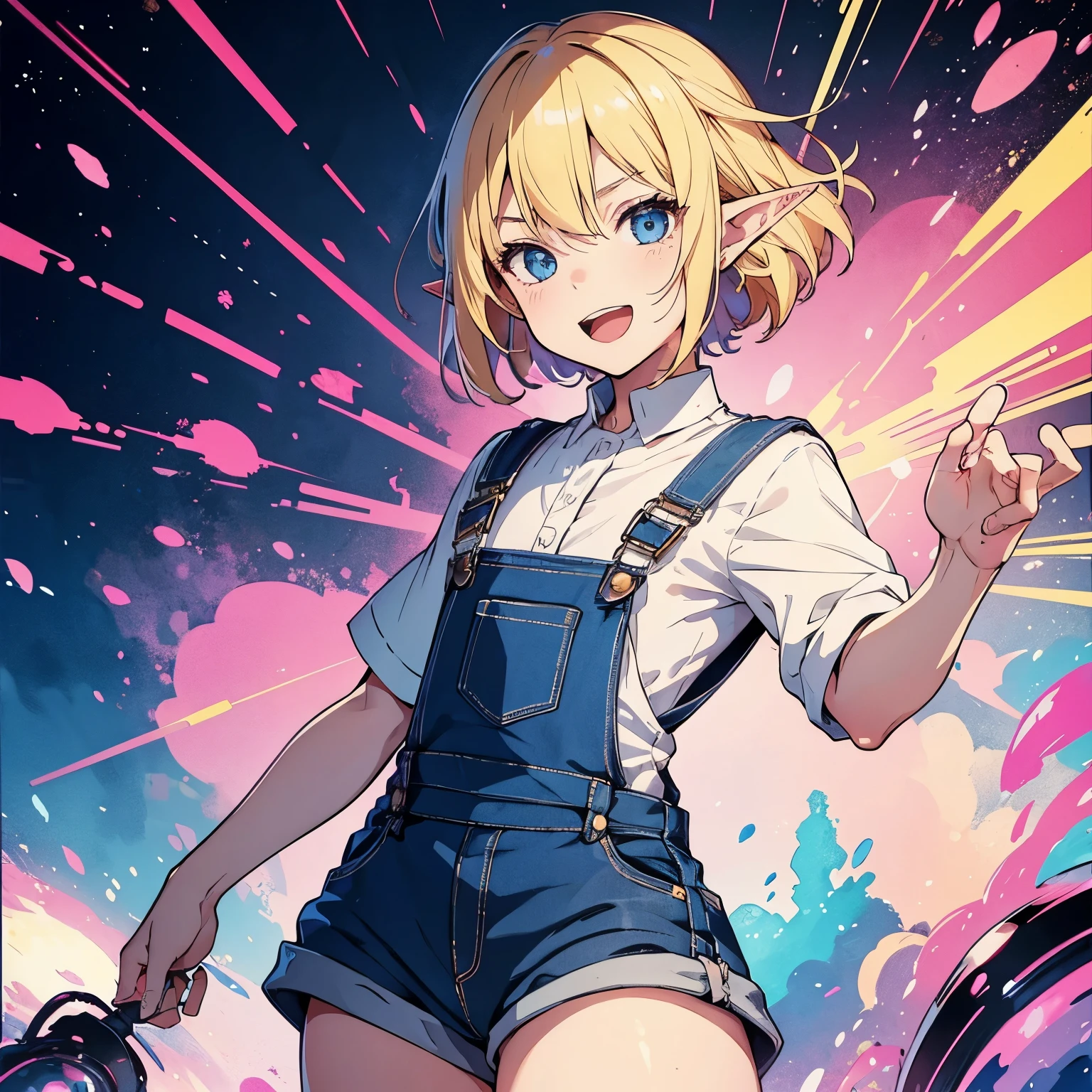 (masterpiece), best quality, expressive eyes, perfect face, (1boy), solo, expressive eyes, (young boy, shota), white shirt BREAK, blue overalls BREAK, smile, pointy ears, elf, open mouth, blonde hair, abstract background, pink background, blue Bubbles