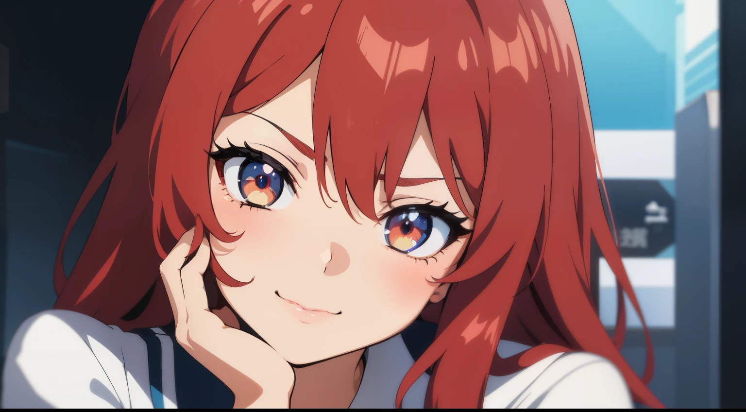 A girl with red hair, bright eyes like an anime, anime Waifu, retro 80s, hand on her face, sexy face, moaning with a red face, sideways looking at the screen, Anime Girl from the Future, 2D Anime.