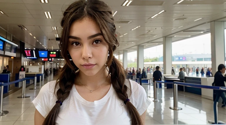 a woman with brown hair in an airport,::  ,:: madison beer, streaming, pigtail, photorealistic - h 6 4 0, 🎀 🧟 🍓 🧚, see, live2d, looks like laura barriales, —ar 16:9, sam nassour, 5 0 s, insanely cute, frontal close up, in tokio, straight eyebrows.