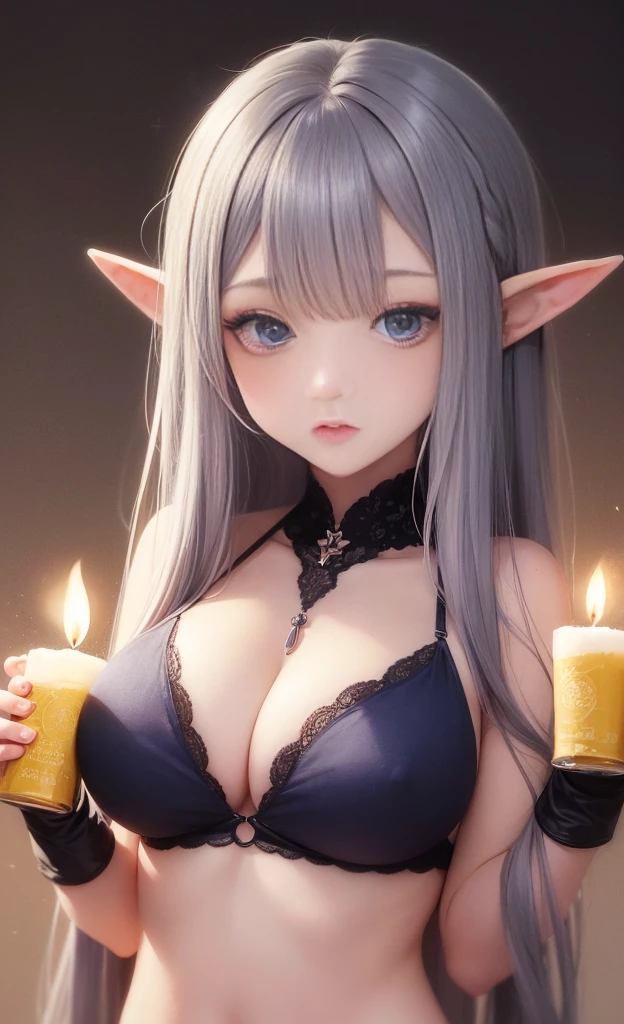the hair,Nice face,blue bikini armor,Heterochromatic pupil,fully body photo,half moon,under moonlight,(tmasterpiece:1.1),(Best quality:1.1),(HighDynamicRange:1),ambient light,Super girl, mystical elf, looking into crystal ball, holding mysteries, showing a microcosm space, stars, unique, huge breasts, cleavage, candlelight, dark background, atmosphere of mystery, smoke, subtle multicolored lighting,