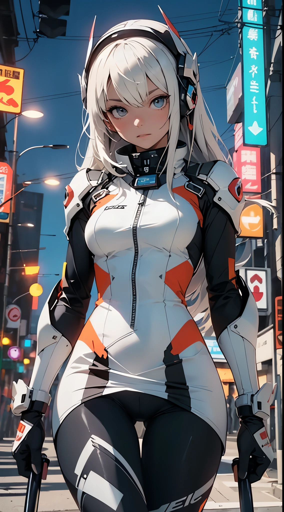 the highest picture quality, Detalles destacados, Ultra-high resolution, (Fidelidad: 1.4), The best illustration, Detalles del favor, Altamente condensado 1girl, con un rostro delicado y hermoso, vestido de mecha blanco y negro, Llevar un casco mecha, Holding a direction controller, Conducir en una motocicleta, The background is a high-tech lighting scene of the future city..