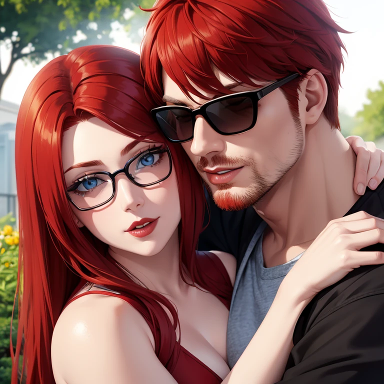 Red-haired man wearing sunglasses Hugging and kissing a woman with red hair, blue eyes, red lipstick. It's a garden scene. The face is so perfect. The details are clear. Up to 8K resolution, perfect details, perfect face.