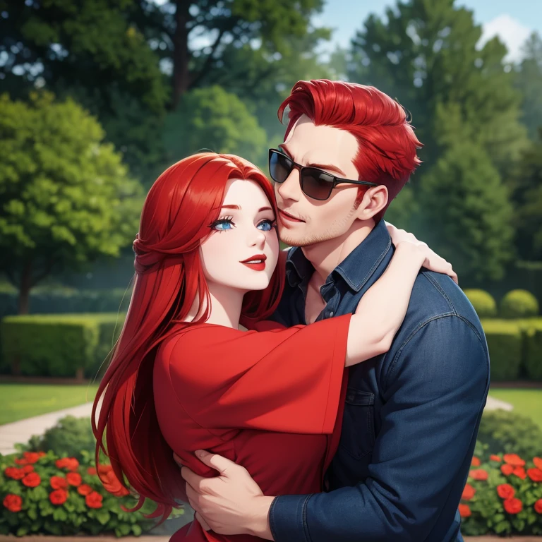Red-haired man wearing sunglasses Hugging and kissing a woman with red hair, blue eyes, red lipstick. It's a garden scene. The face is so perfect. The details are clear. Up to 8K resolution, perfect details, perfect face.