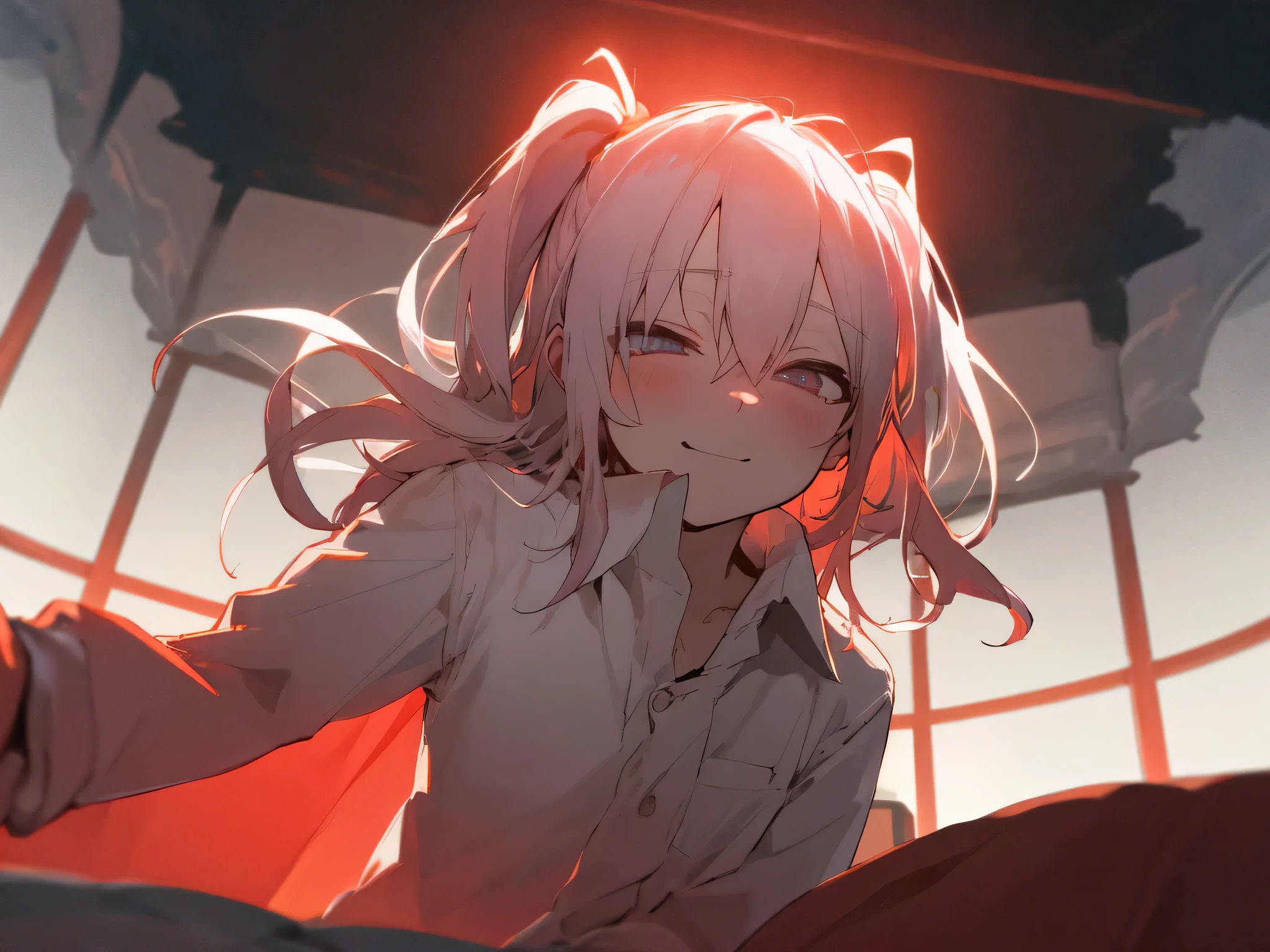 From below,Viewer's Perspective,ムラムラ,smil,Yandere atmosphere,,atmosphere of night,Ties and shirts,Background Hotel,a bed