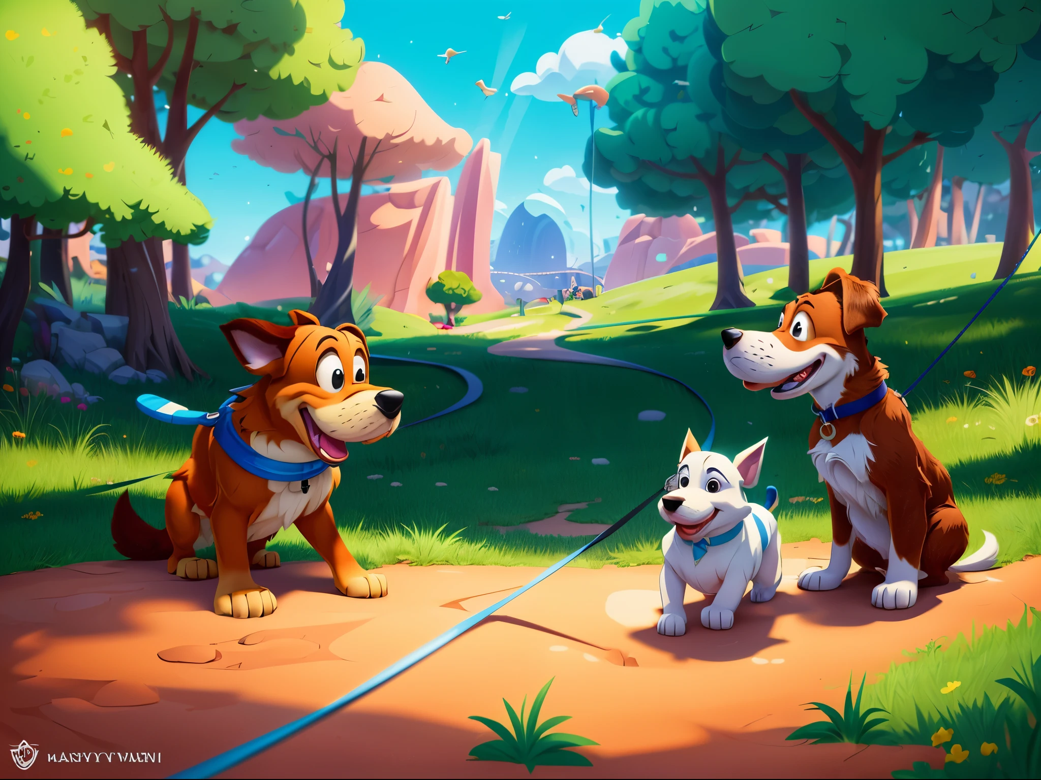 cartoon drawing of two dogs on a leash in a park, animated disney movie inking, published concept art, stylized linework, whole page illustration, by Istvan Banyai, concept art for a video game, by Maksimilijan Vanka, colorkey scene, cartoon concept art