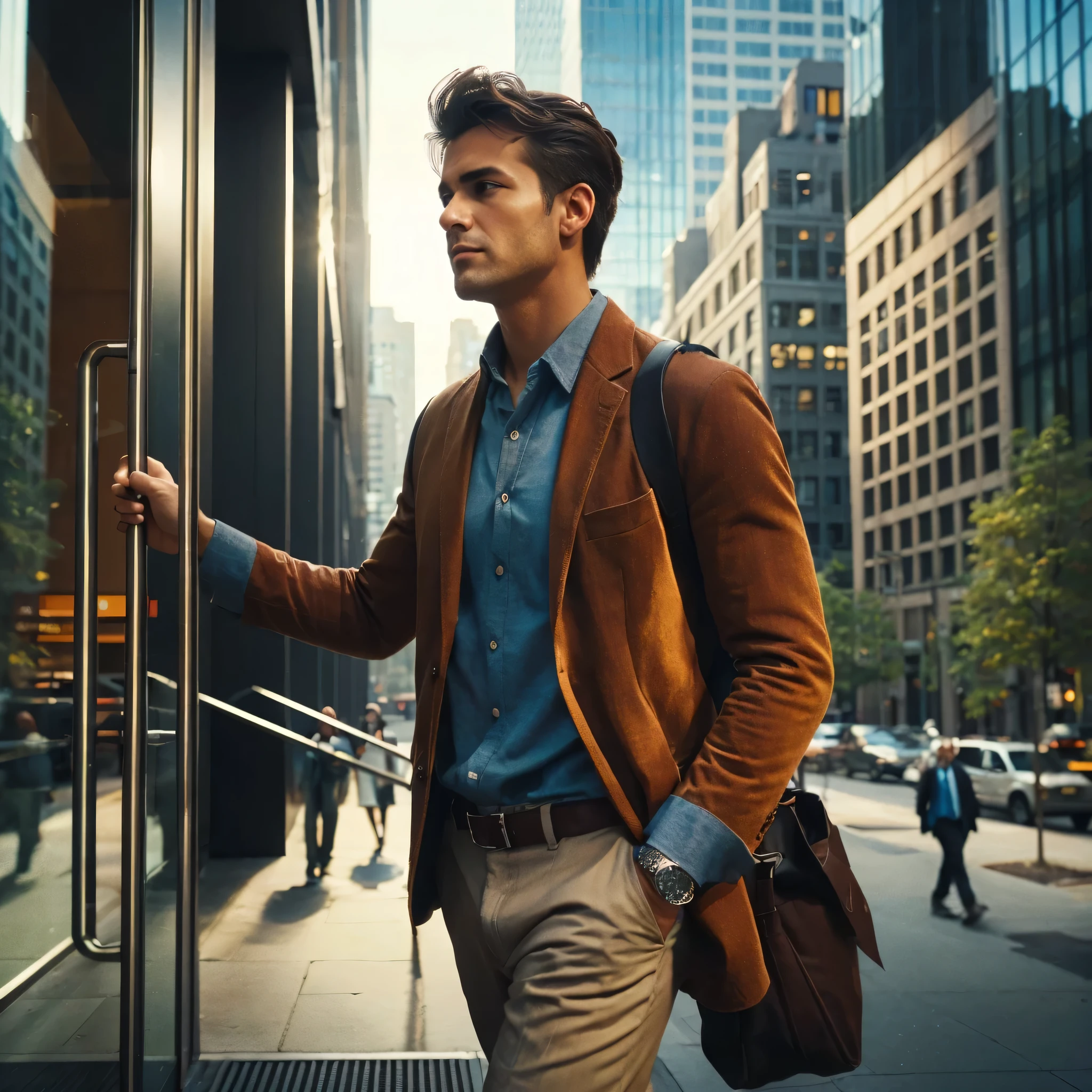 Photo from the side of a man leaving an office building. Busy urban feel. He is focused and confident. His clothing is comfortable yet professional. The man should be in warmer colors like rust, sienna, mustard, rich brown. The surroundings should be in cool tones like slate blue and cool greys. Kodak Portra style.