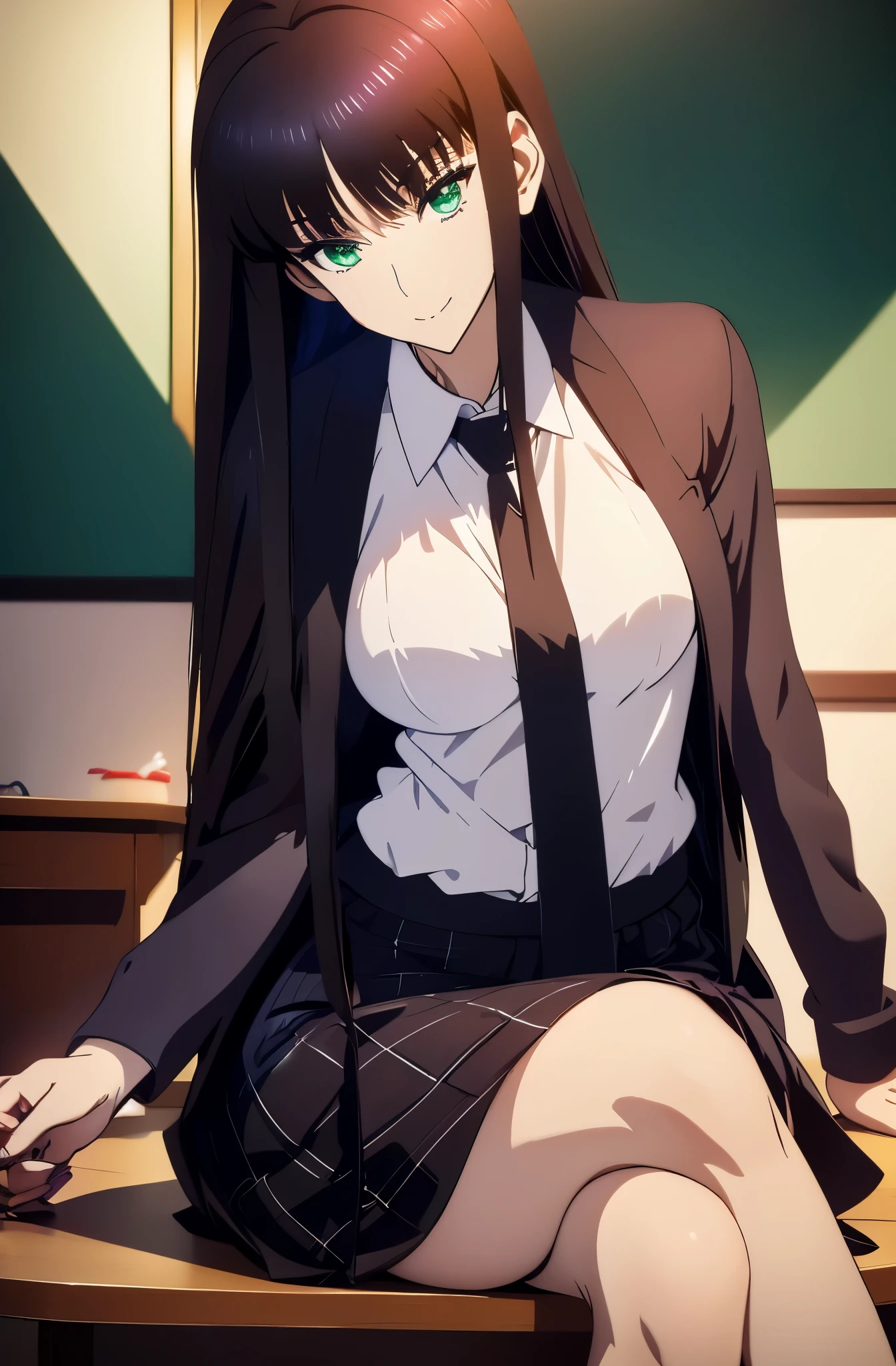 Ilustration for visual novel, hard outilene, soft shadows, lewd girl, violet hair, brown eyes, scholar girl, uniform school, short skirt, small breasts, sexy, erotic, lewd, cleavage, thighs, crotch, (shoot, close shot, front view), long pigtails hair (Game asset)