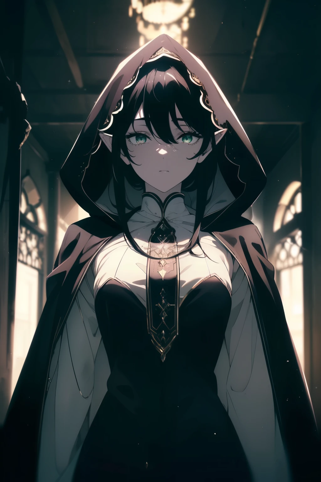 ((((Obra maestra, La mejor calidad, ultrahigh resolution)))), 1girl, standing, cute elf ears, ((black cloak, hood)), (((black hair, dark black hair over eye:1))), long hair cut, pale skin, ((green)), glowing_eyes, neon eyes, (ultra detailed eyes:0.7, beautiful and detailed face, detailed eyes:0.9), ((centered)), smile, ((wide shot)), facing viewer, ((indoor house background)), medium breasts, looking at viewer, ((half closed eyes)), ((perfect hands)), (((head:1, arms, hips in view, elbows, upper thigh area, in view))), ((hands behind back)), empty eyes, beautiful lighting, outside, outdoors, background, defined subject, 25 years old, (head tilt), (((cool))),